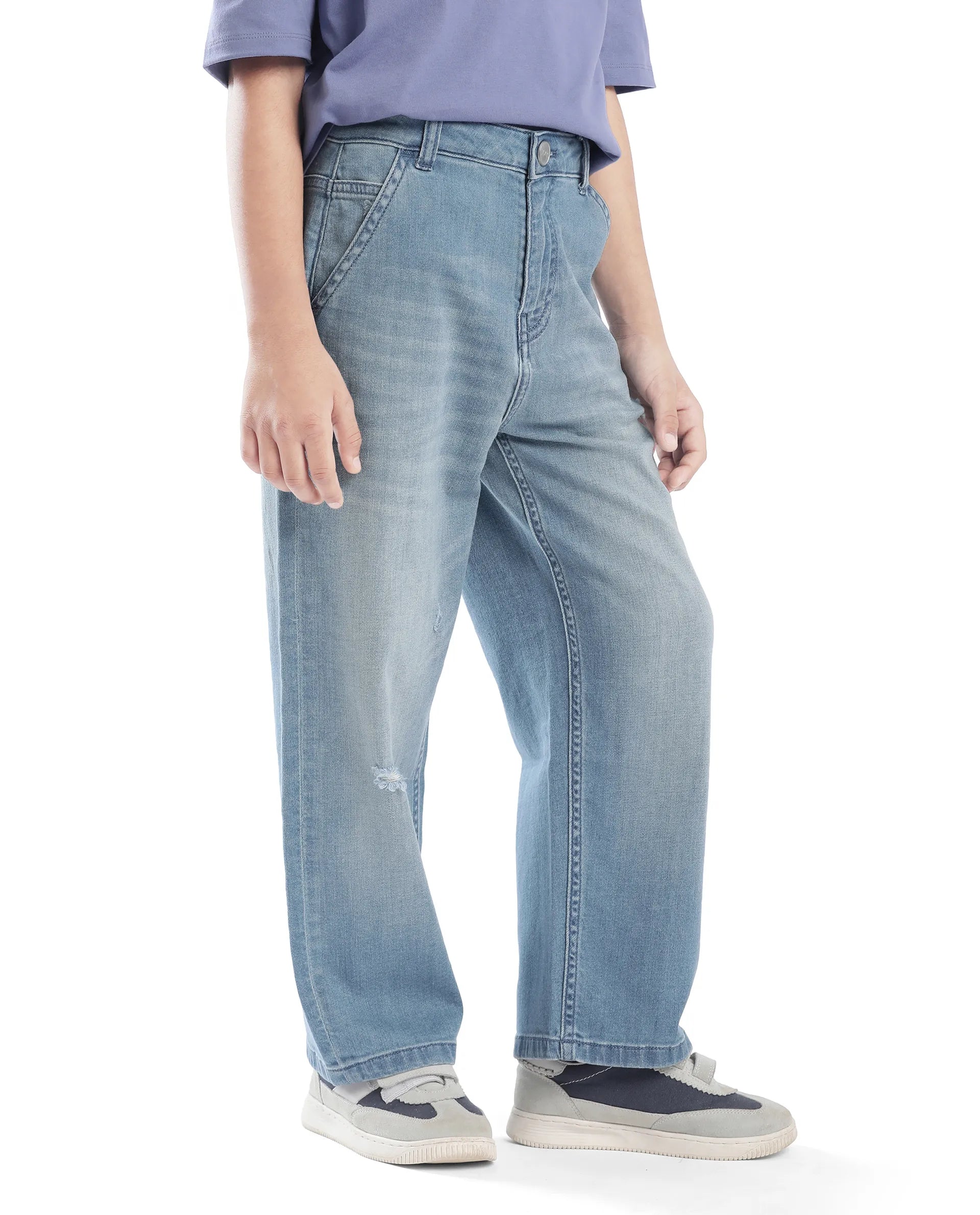 Rare Ones Kids Stran Blue Cotton Button And Zipper Closure Solid Loose Fit Jeans