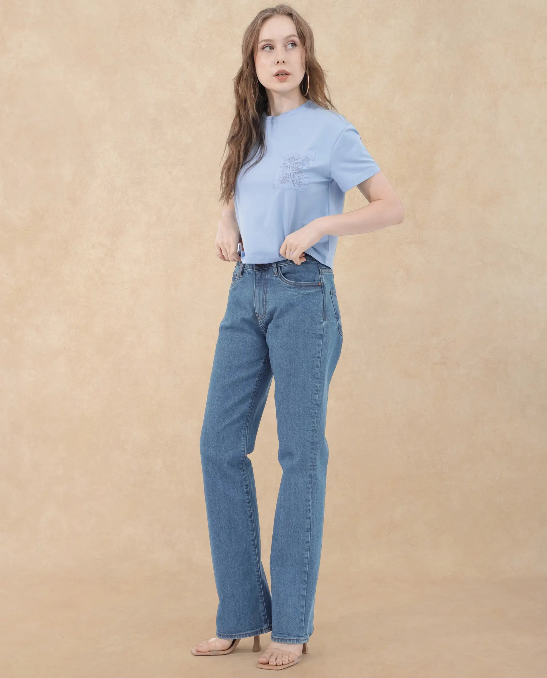 Rareism Women Strankle Blue Cotton Elastane Fabric Crew Neck Knit Solid T-Shirt