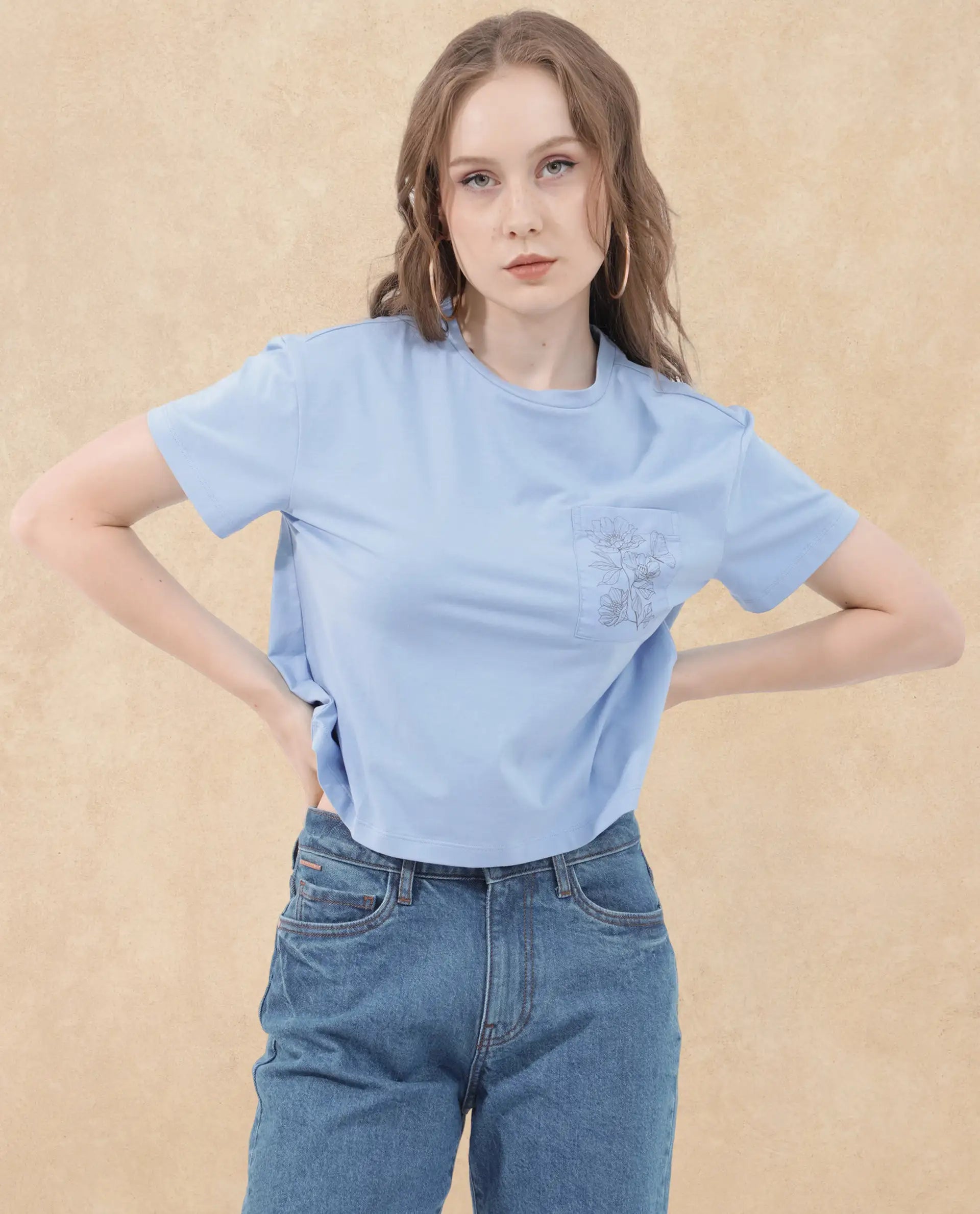 Rareism Women Strankle Blue Cotton Elastane Fabric Crew Neck Knit Solid T-Shirt