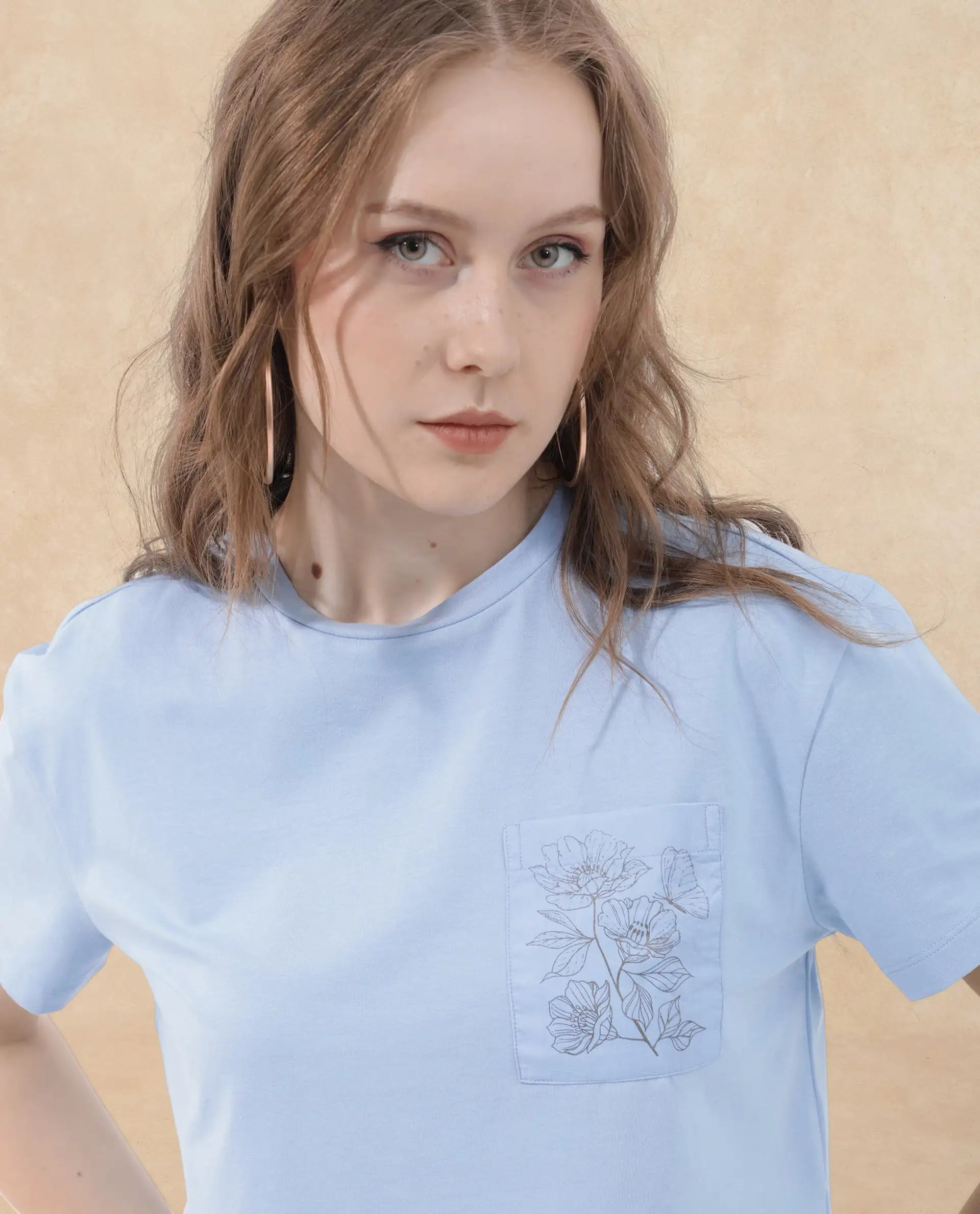 Rareism Women Strankle Blue Cotton Elastane Fabric Crew Neck Knit Solid T-Shirt