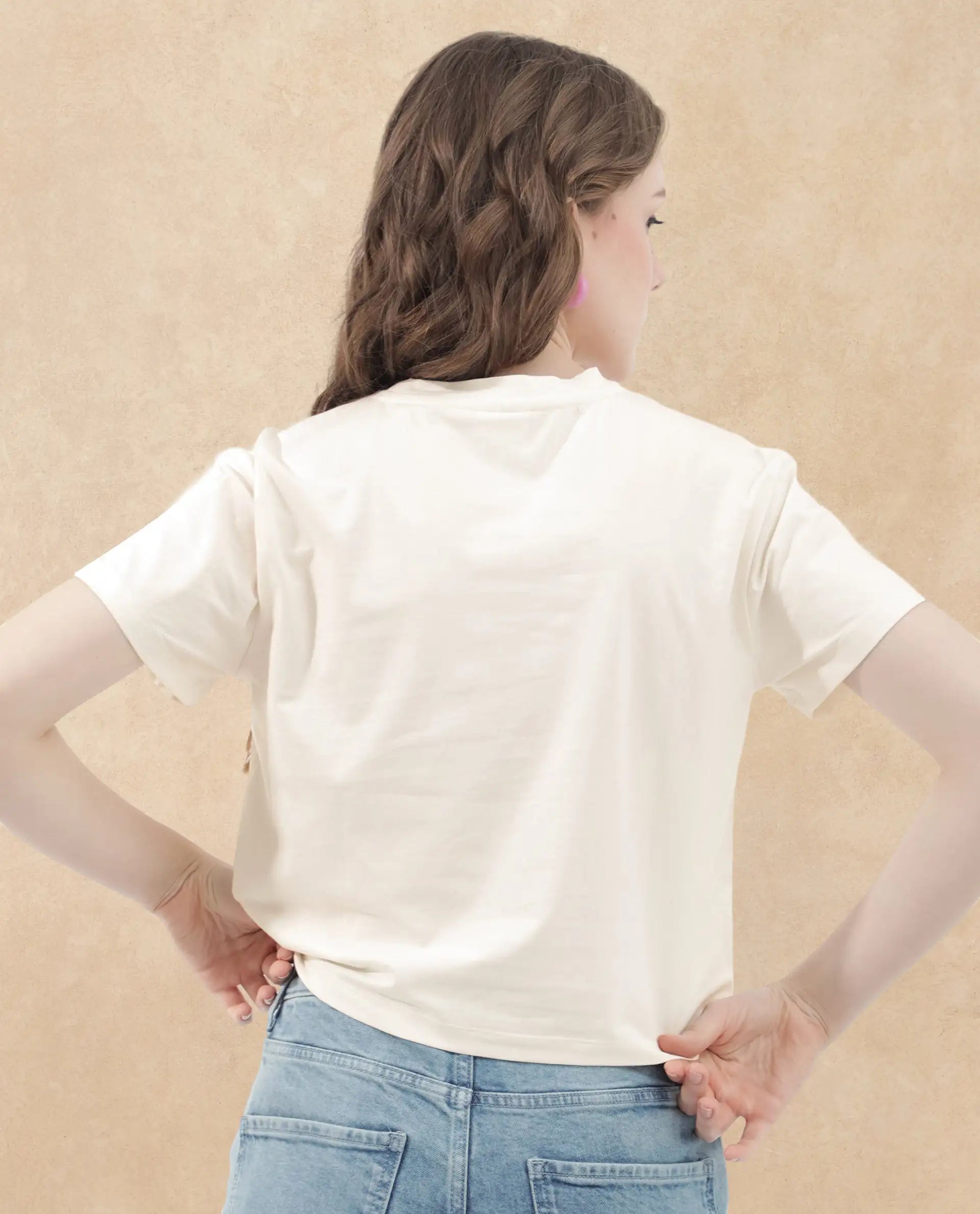 Rareism Women Strankle Off White Cotton Elastane Fabric Crew Neck Knit Solid T-Shirt