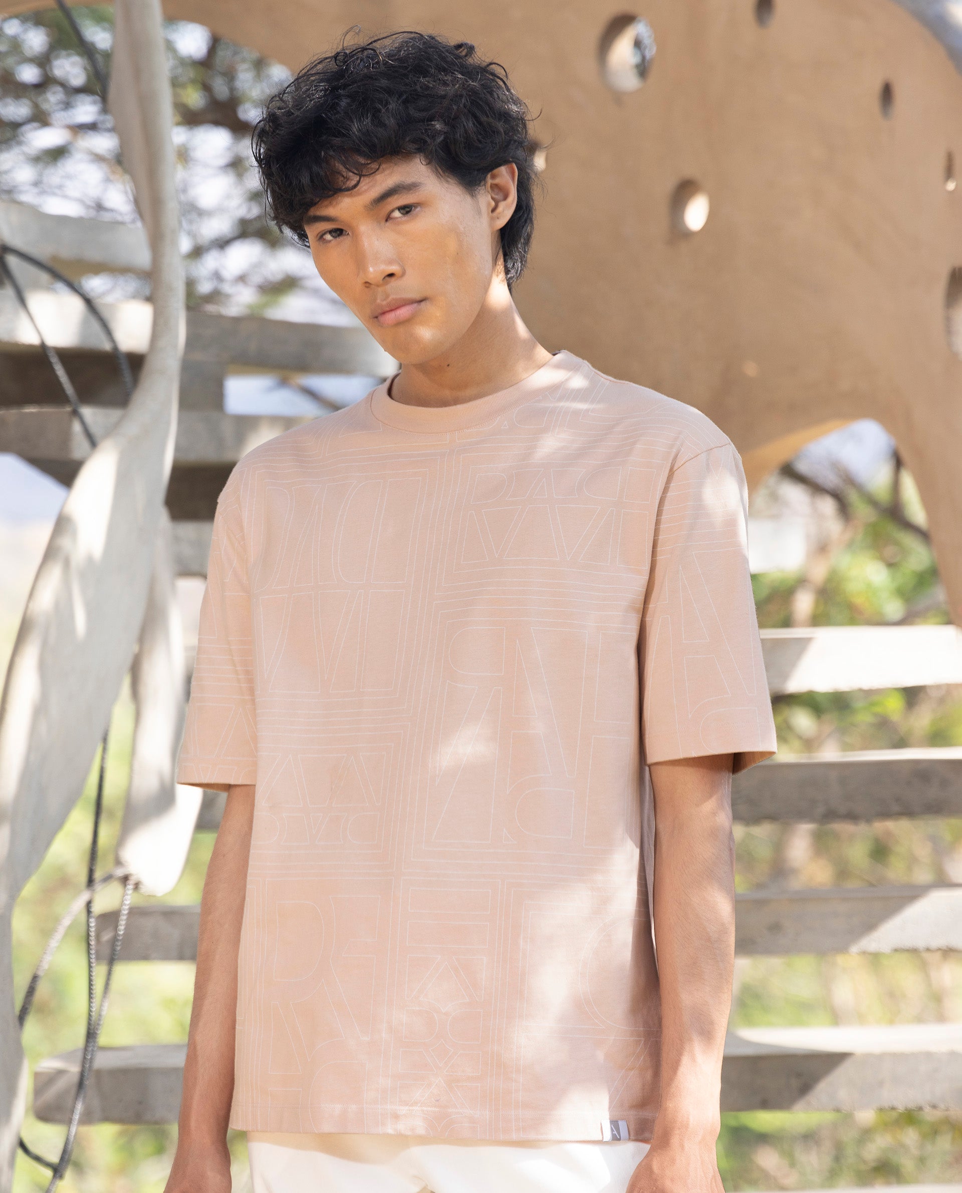 Rare Rabbit Articale Men's Hagrid Pastel Pink Cotton Polyester Fabric Crew Neck Oversized Fit Branded Graphic Print T-Shirt