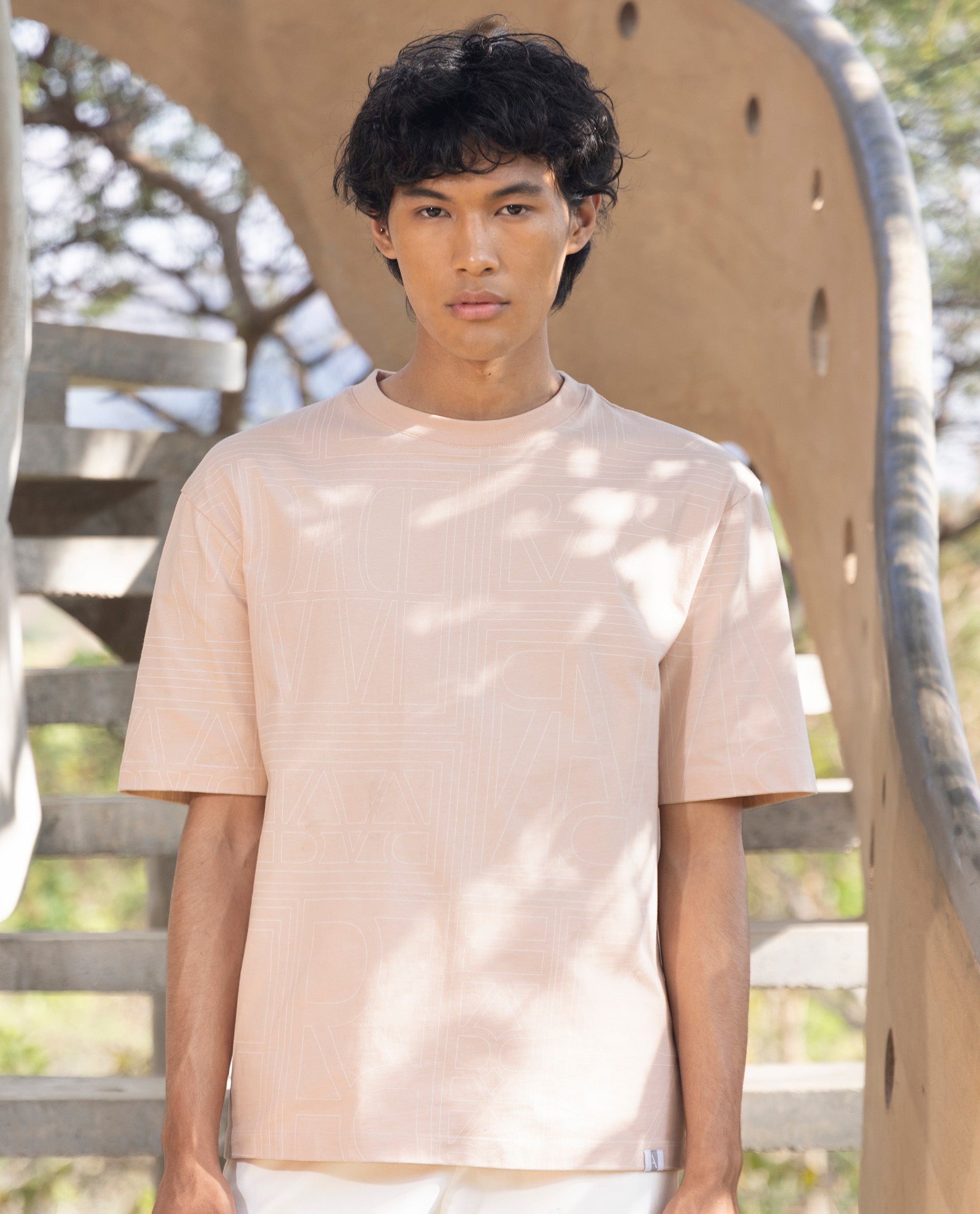 Rare Rabbit Articale Men's Hagrid Pastel Pink Cotton Polyester Fabric Crew Neck Oversized Fit Branded Graphic Print T-Shirt