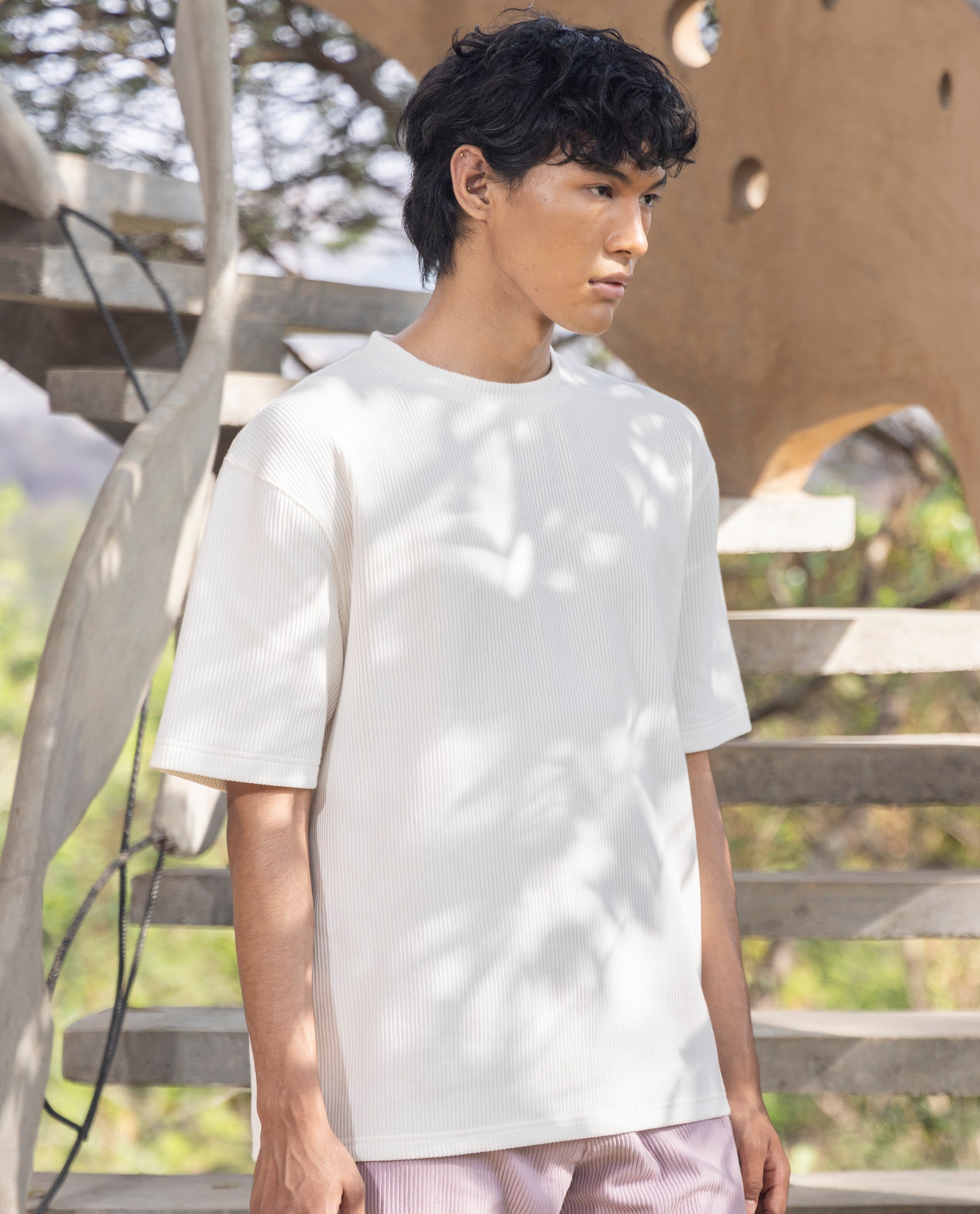 Rare Rabbit Men's Breet White Cotton Lycra Fabric Short Sleeve Oversized Fit Ribbed Solid T-Shirt