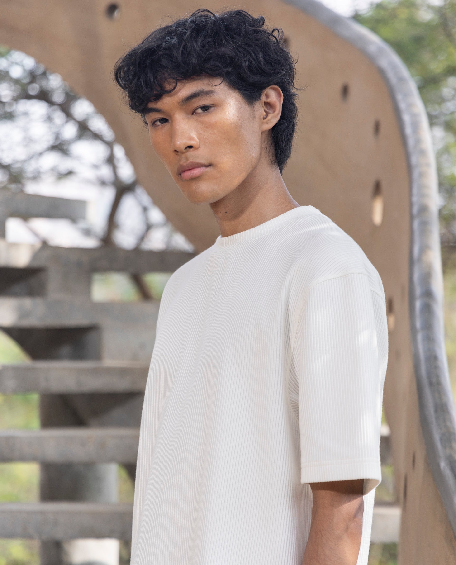 Rare Rabbit Men's Breet White Cotton Lycra Fabric Short Sleeve Oversized Fit Ribbed Solid T-Shirt