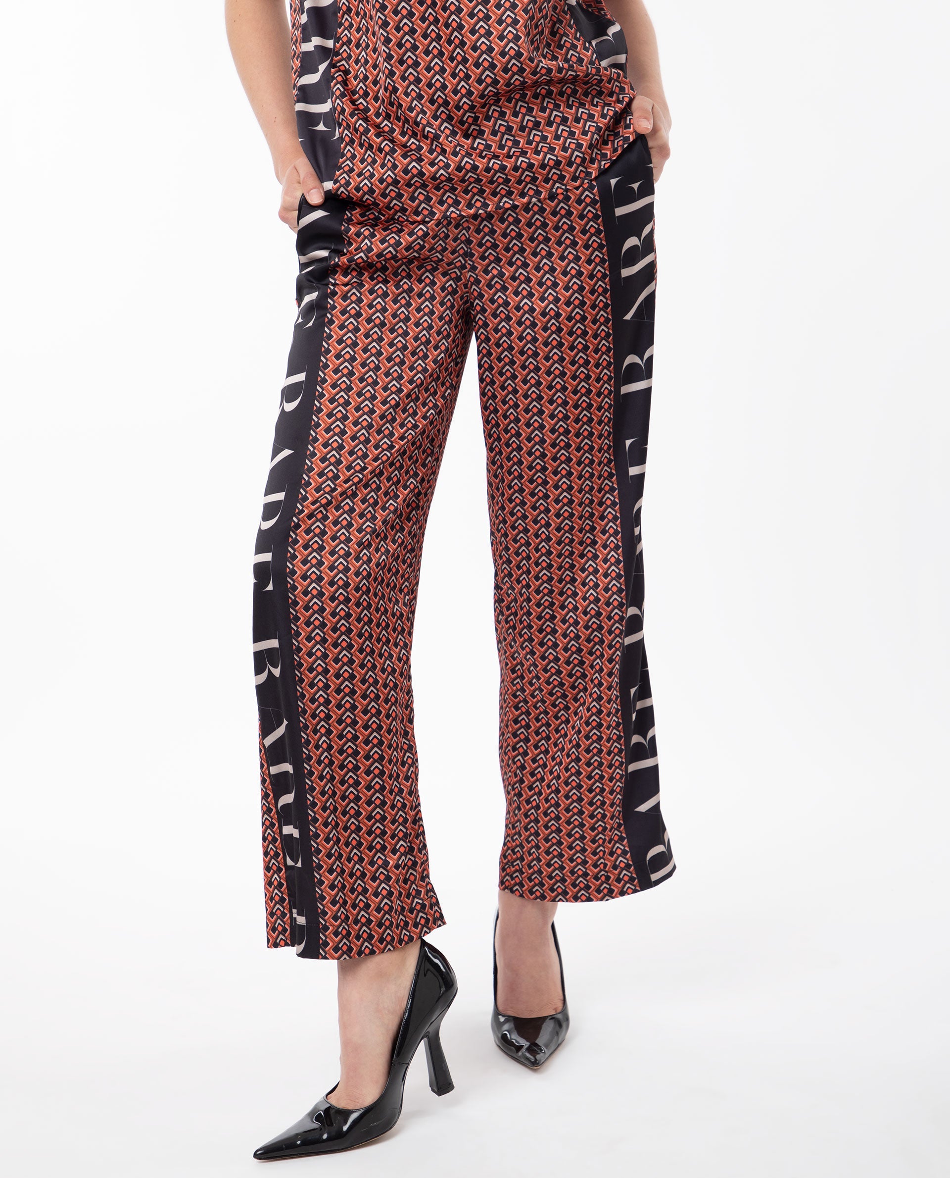 Rareism Women Streif Orange Polyester Fabric Relaxed Fit Geometric Print Ankle Length Trousers