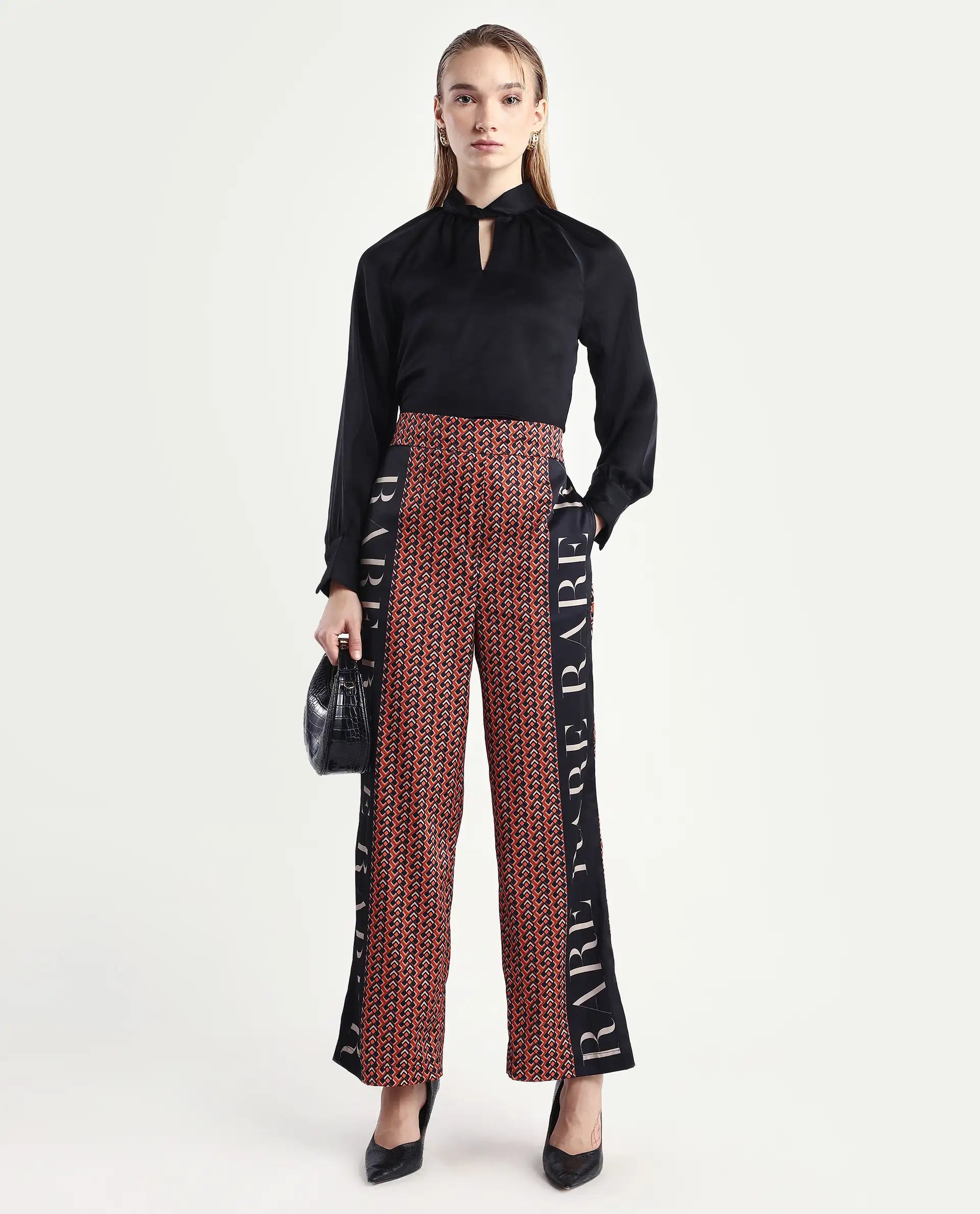 Rareism Women's Streif Orange Polyester Geometric Print Ankle Length Relaxed Fit Trouser