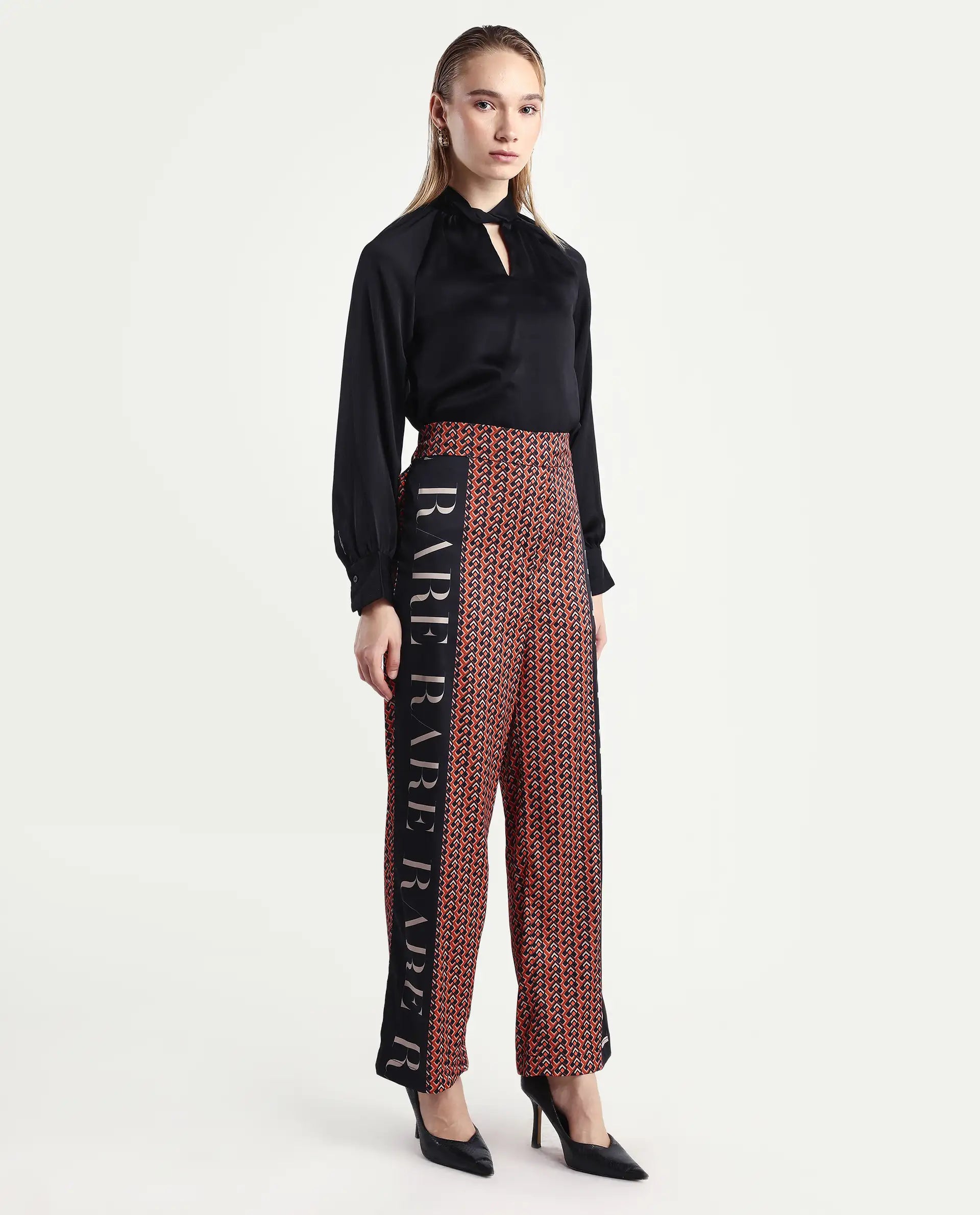 Rareism Women's Streif Orange Polyester Geometric Print Ankle Length Relaxed Fit Trouser