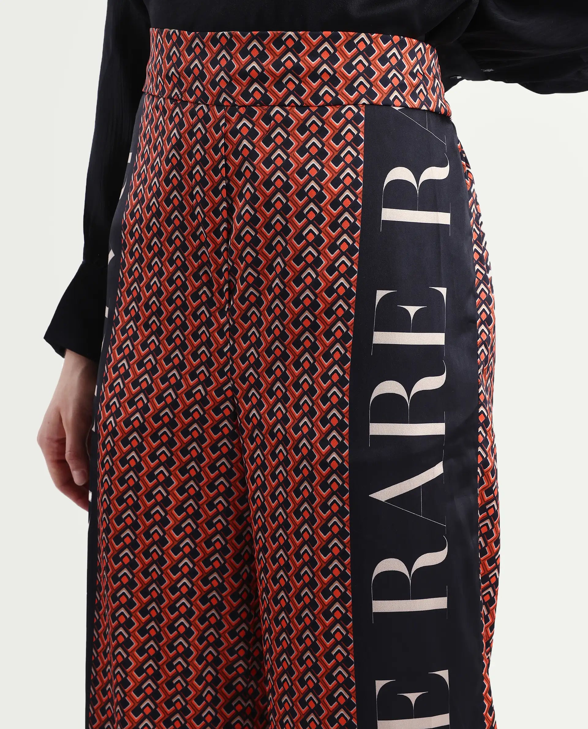 Rareism Women's Streif Orange Polyester Geometric Print Ankle Length Relaxed Fit Trouser