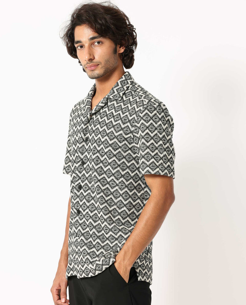 Rare Rabbit Men's Stretch Black Cotton Polyester Fabric Cuban Collar Half Sleeves Geometric Knitted Shirt