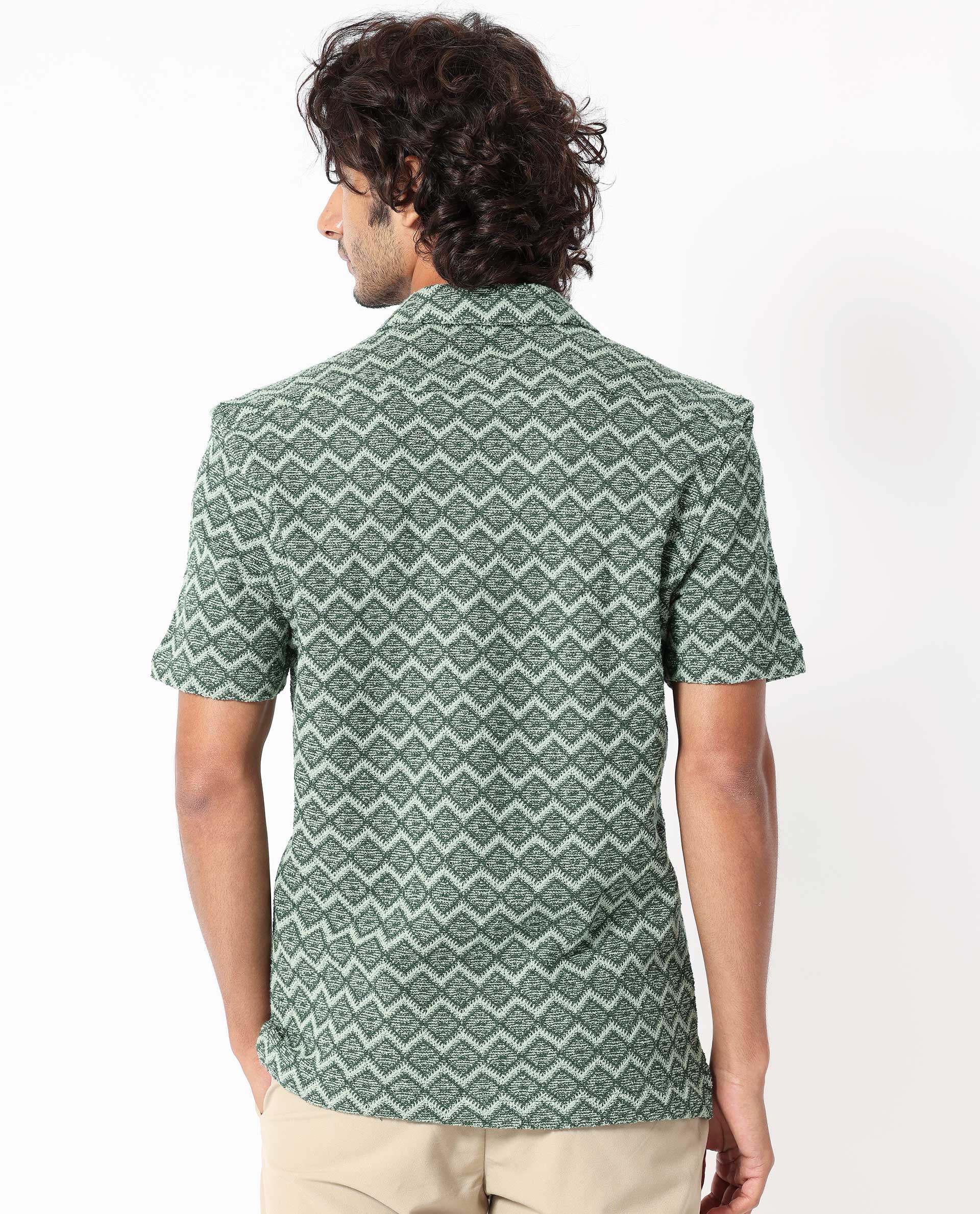Rare Rabbit Men's Stretch Green Cotton Polyester Fabric Cuban Collar Half Sleeves Geometric Knitted Shirt