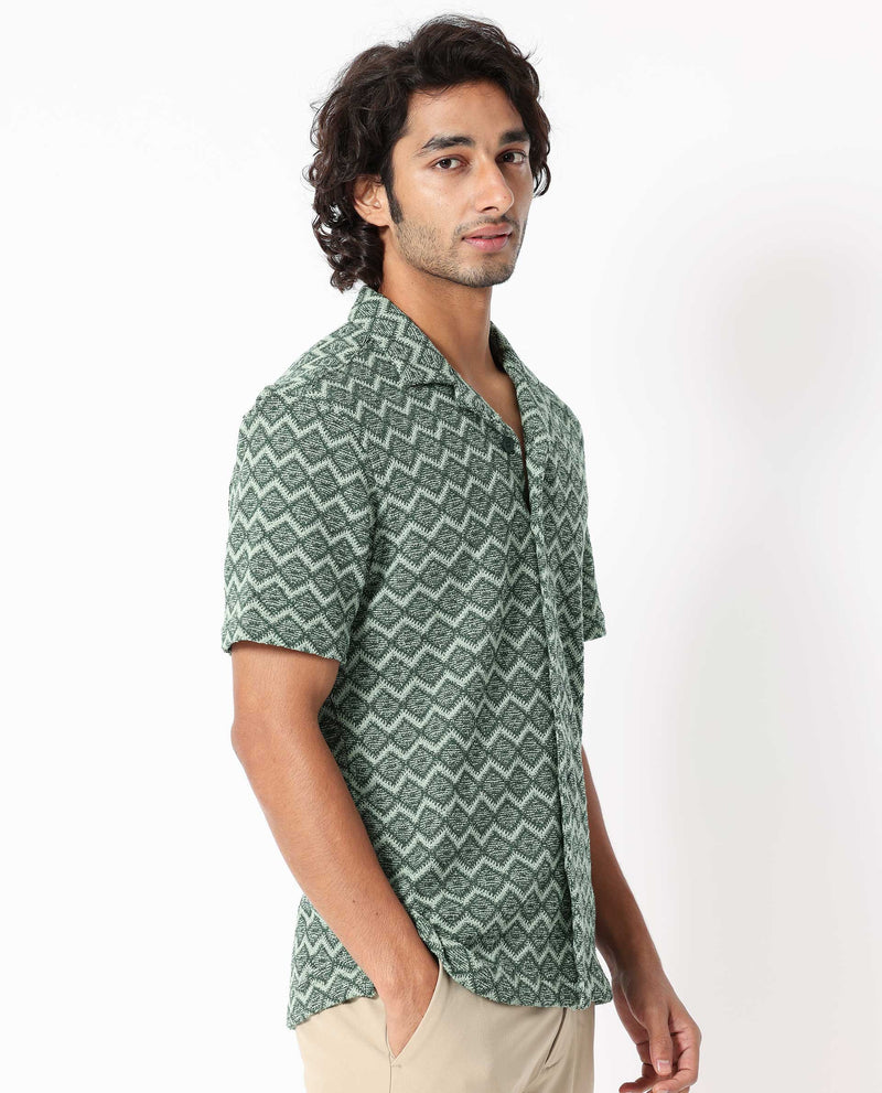 Rare Rabbit Men's Stretch Green Cotton Polyester Fabric Cuban Collar Half Sleeves Geometric Knitted Shirt