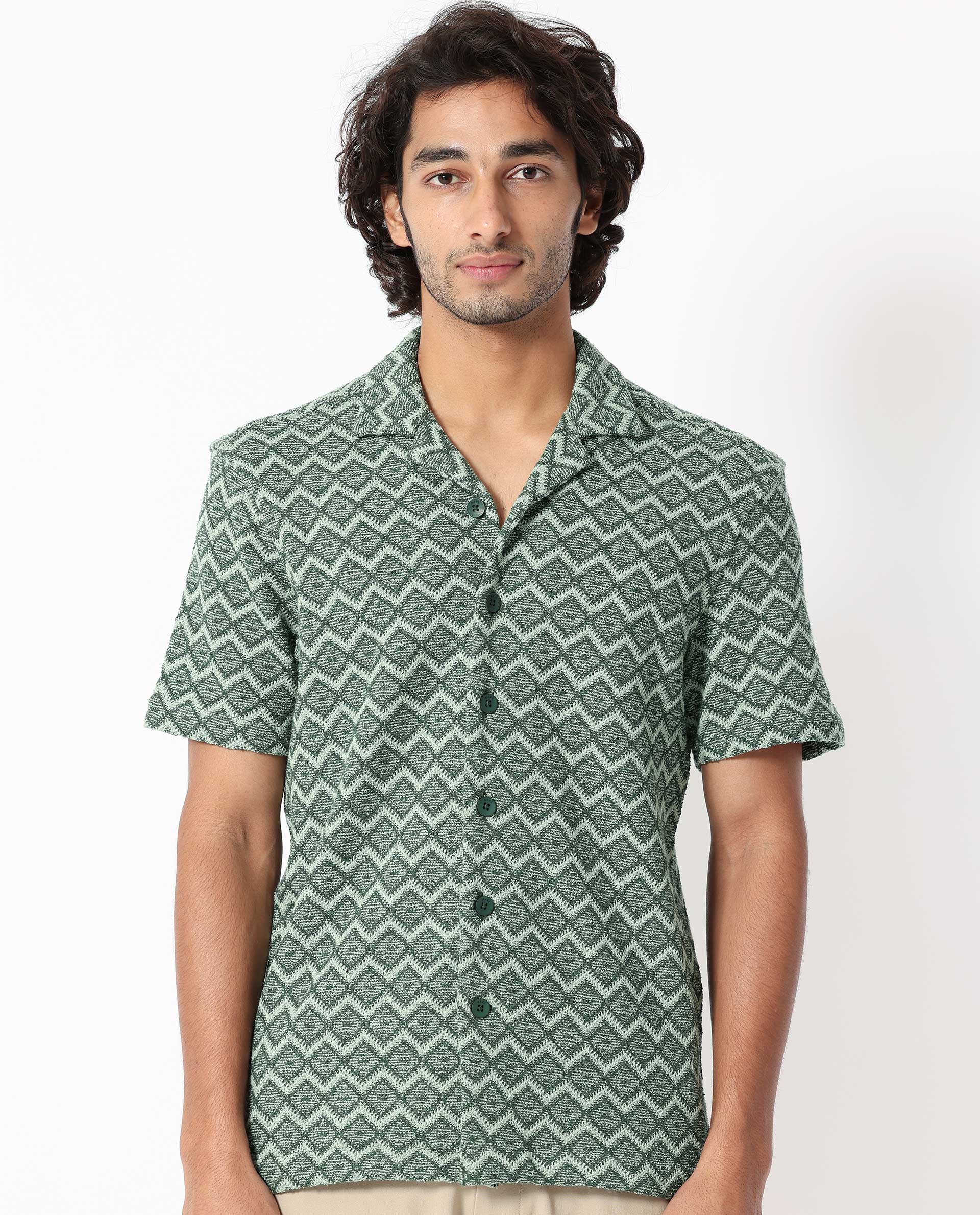 Rare Rabbit Men's Stretch Green Cotton Polyester Fabric Cuban Collar Half Sleeves Geometric Knitted Shirt