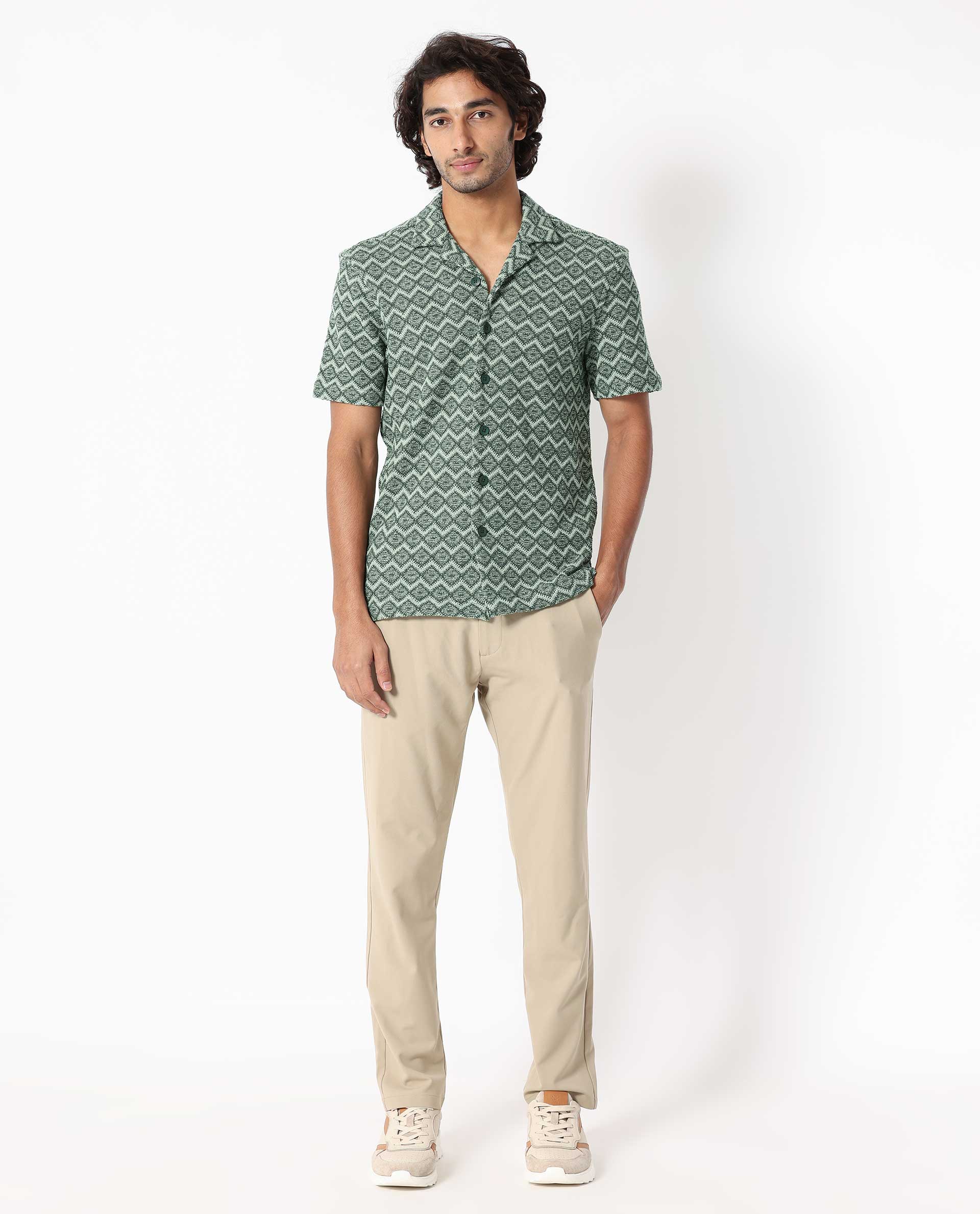 Rare Rabbit Men's Stretch Green Cotton Polyester Fabric Cuban Collar Half Sleeves Geometric Knitted Shirt