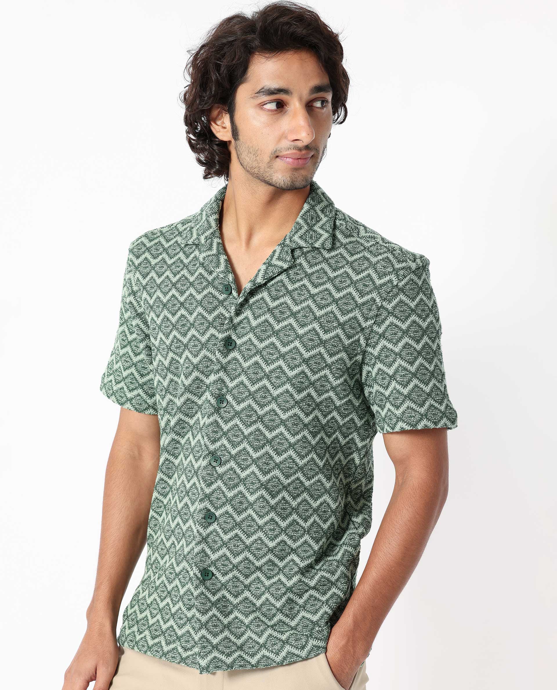 Rare Rabbit Men's Stretch Green Cotton Polyester Fabric Cuban Collar Half Sleeves Geometric Knitted Shirt