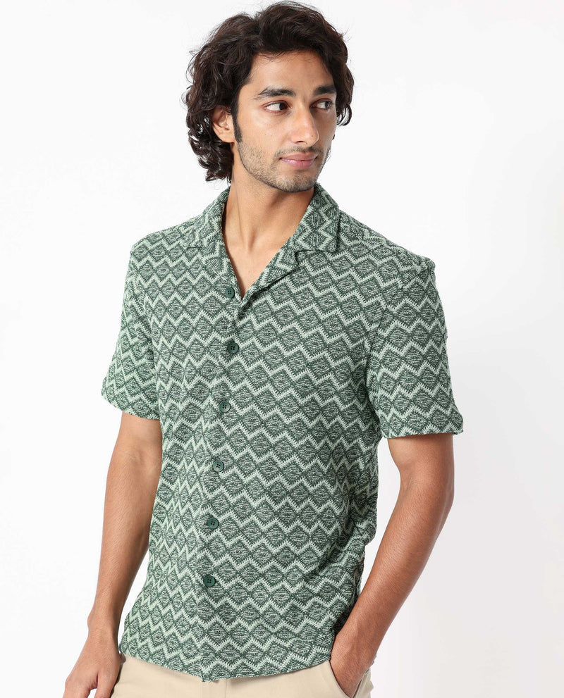 Rare Rabbit Men's Stretch Green Cotton Polyester Fabric Cuban Collar Half Sleeves Geometric Knitted Shirt