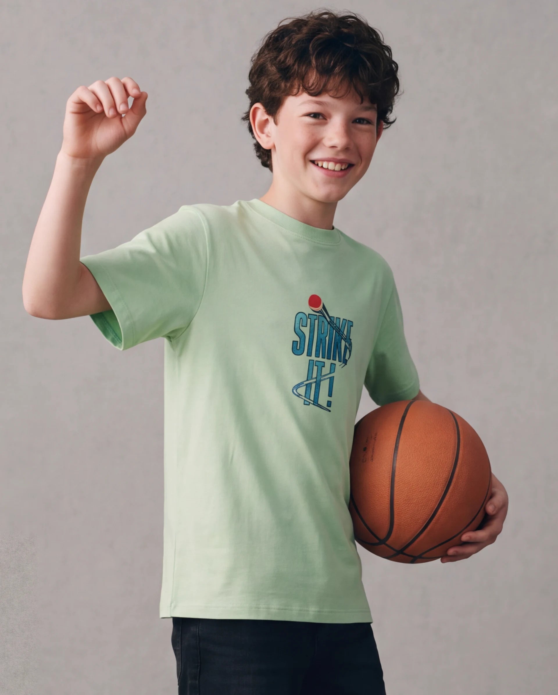 Rare Ones Kids Strike Light Green Cotton Blend Fabric Pull On Closure Regular Fit Graphic Print T-Shirt