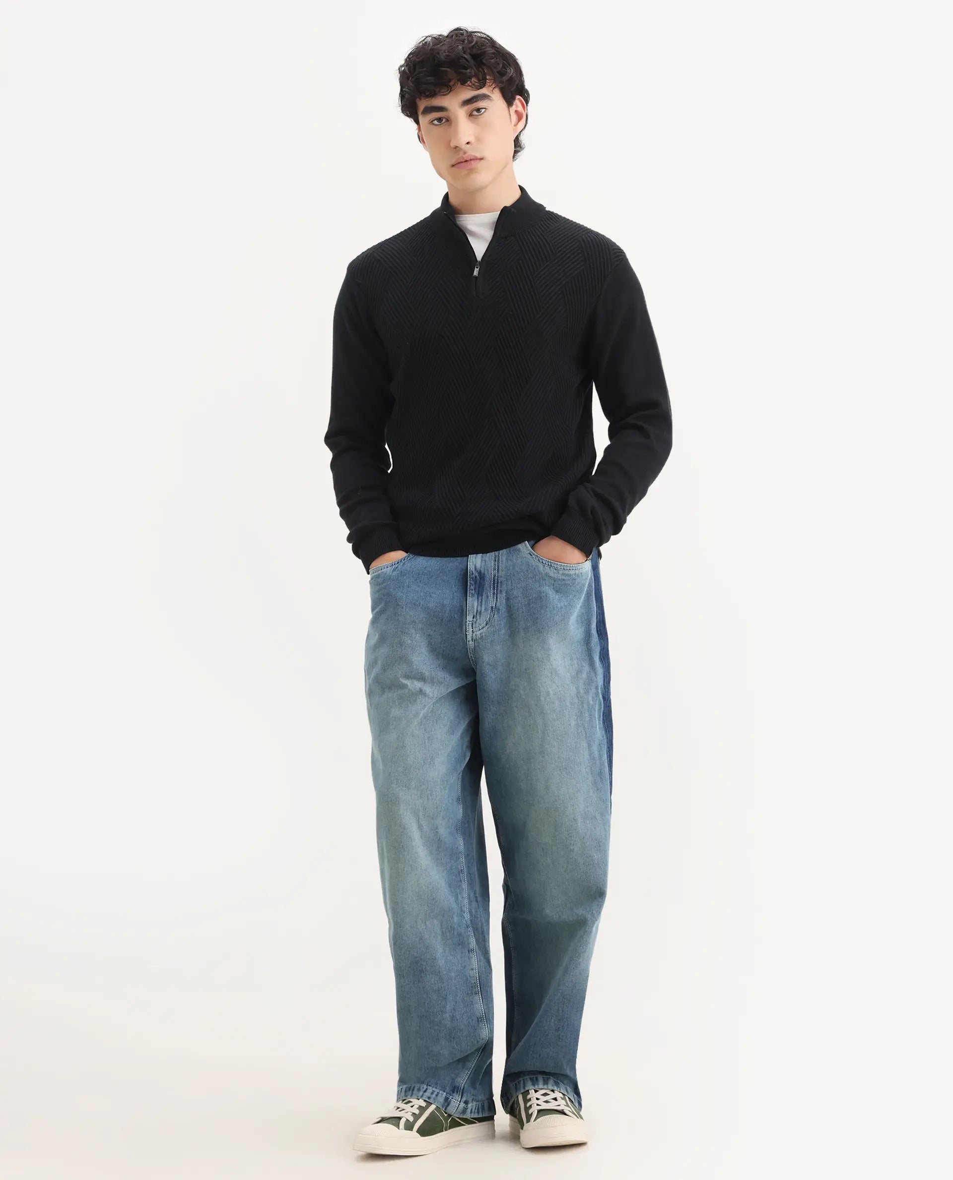 Rare Rabbit Men's Strito Light Blue Cotton Plain Baggy Fit Jeans