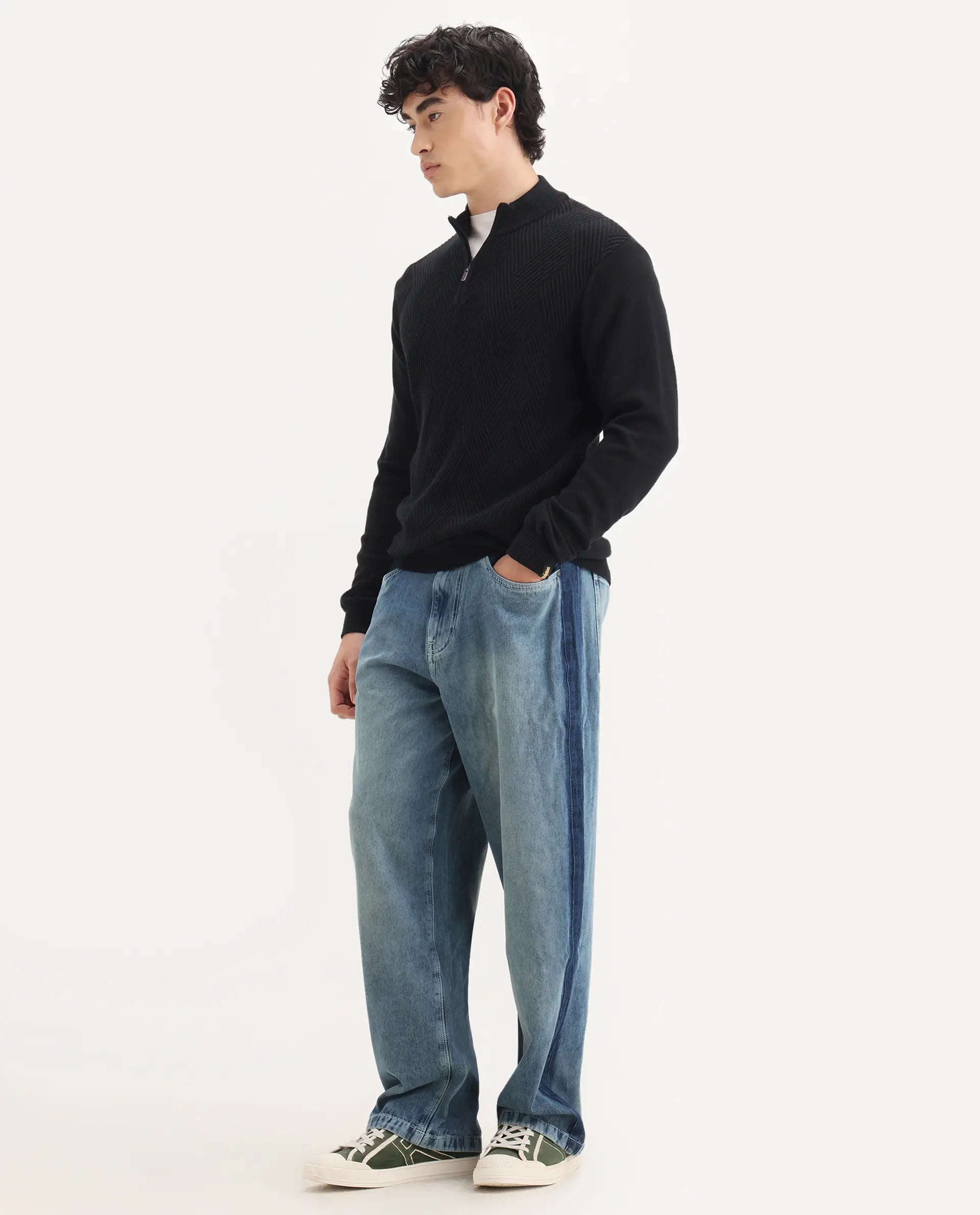 Rare Rabbit Men's Strito Light Blue Cotton Plain Baggy Fit Jeans