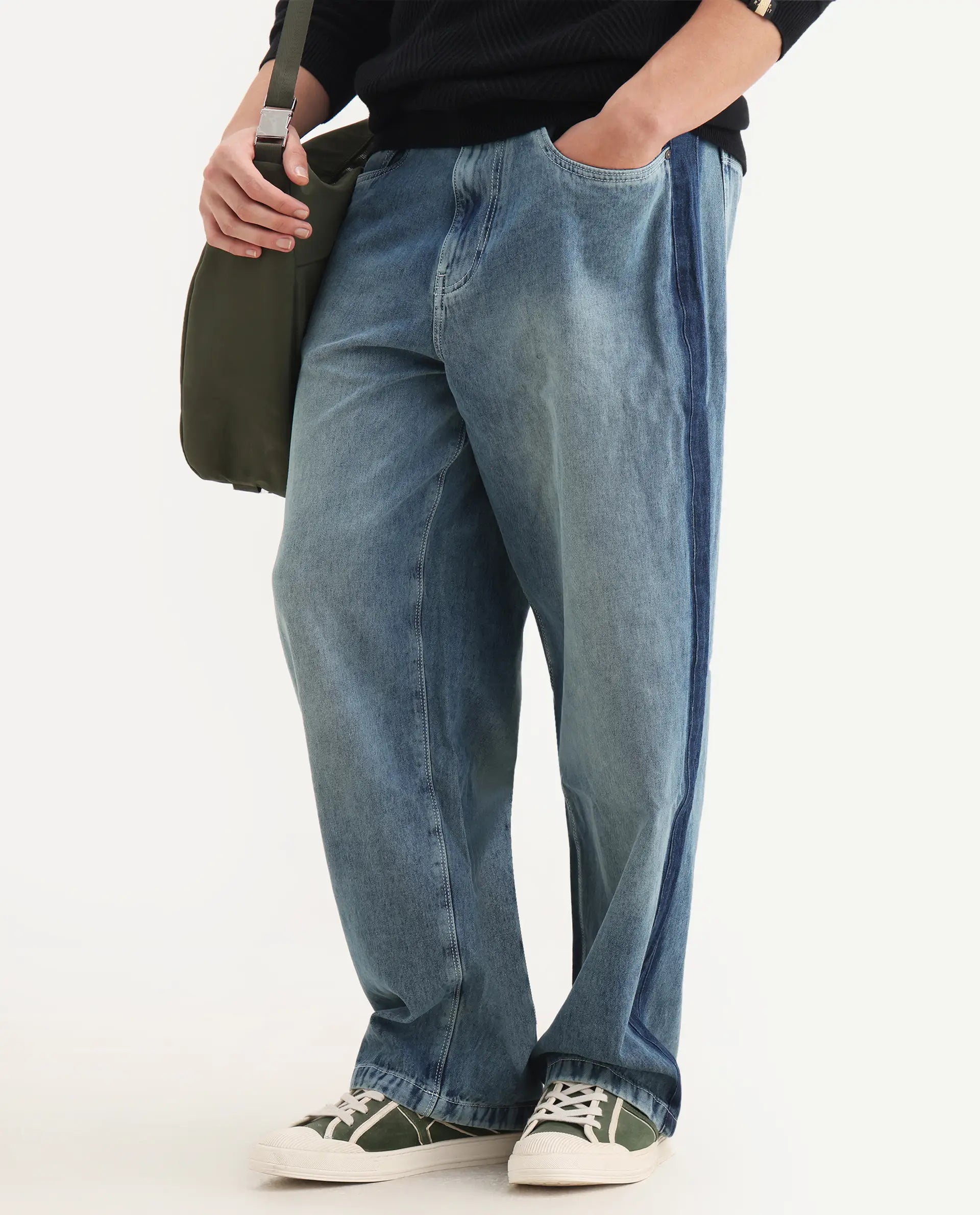 Rare Rabbit Men's Strito Light Blue Cotton Plain Baggy Fit Jeans