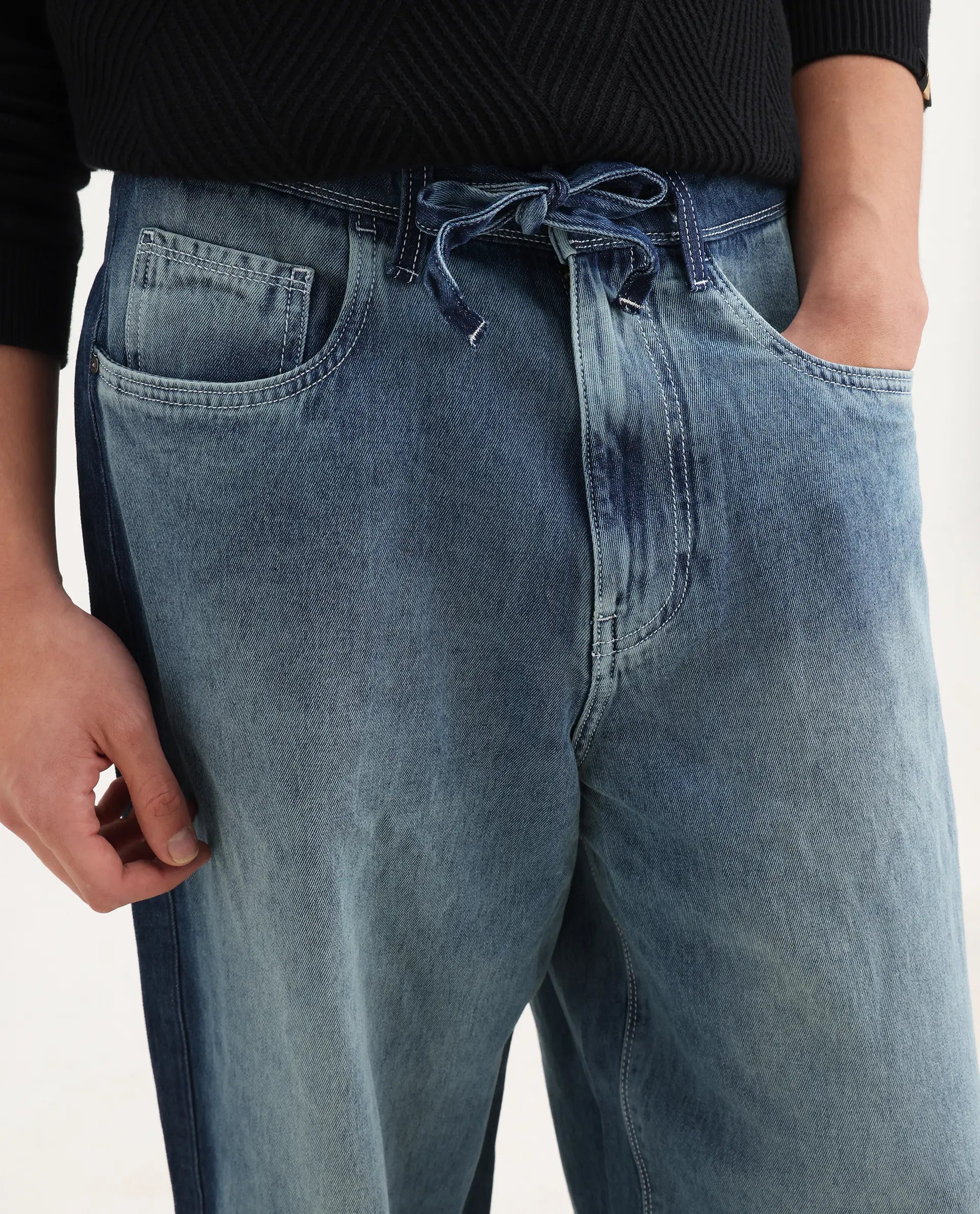 Rare Rabbit Men's Strito Light Blue Cotton Plain Baggy Fit Jeans