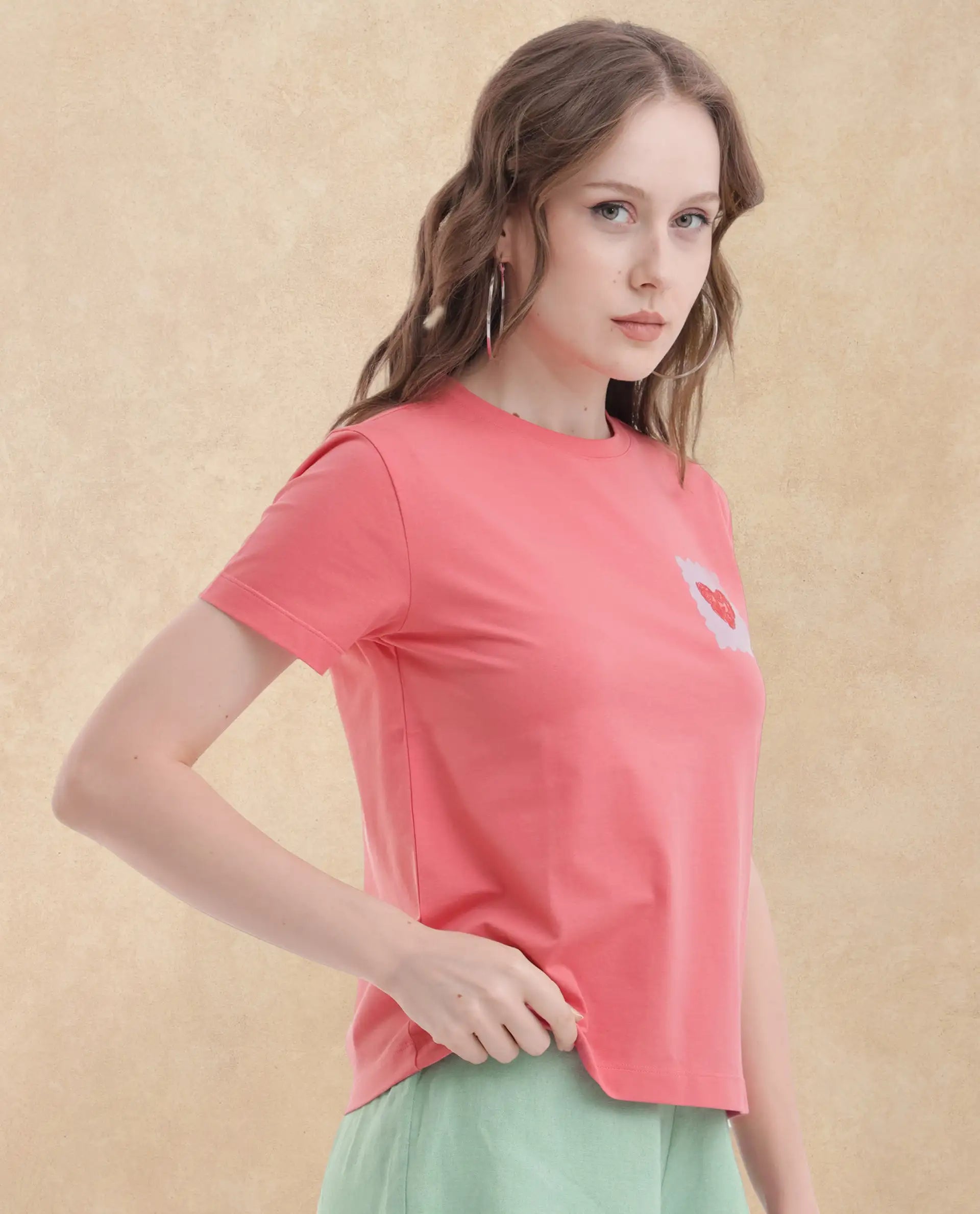 Rareism Women Strudant Peach Cotton Elastane Fabric Crew Neck Knit Solid T-Shirt