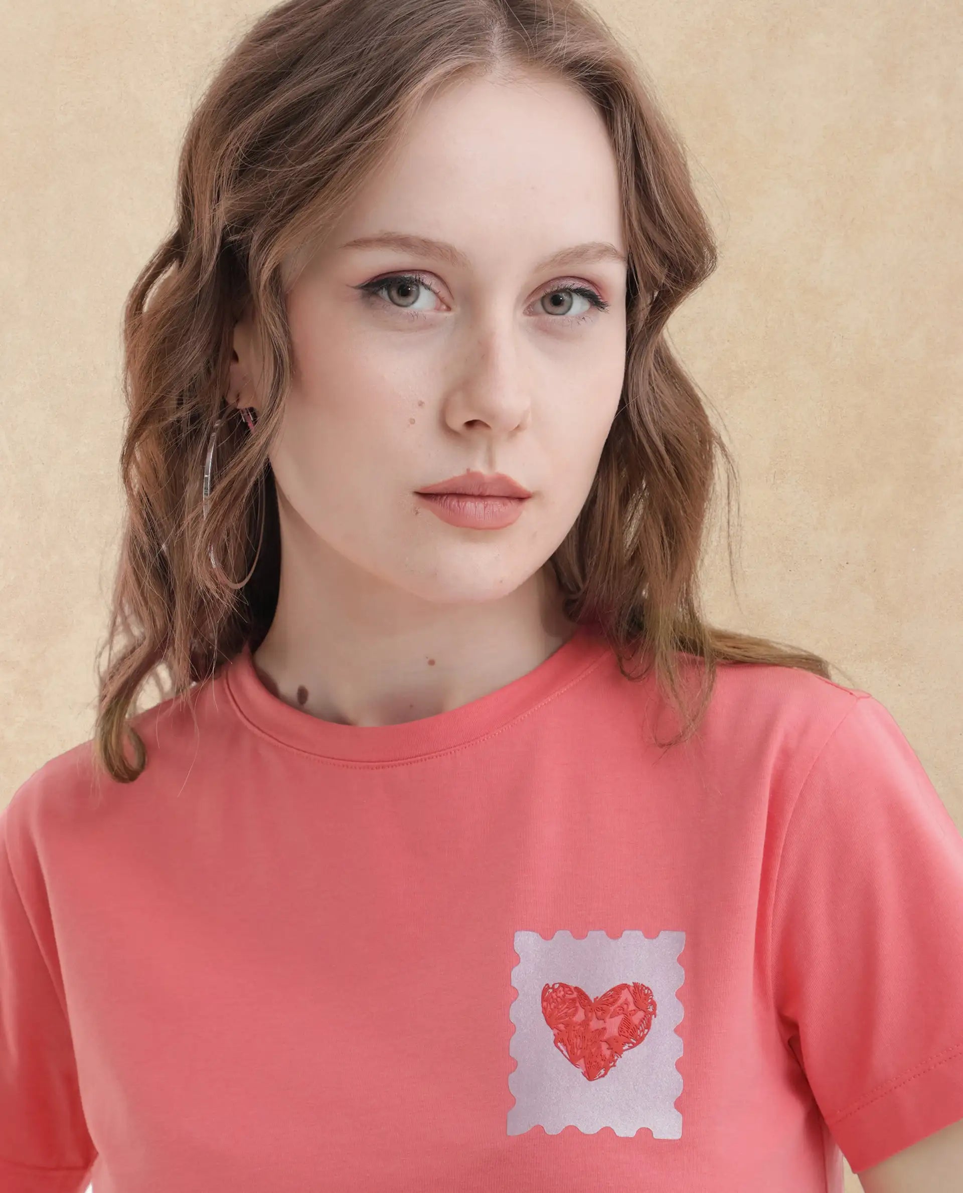 Rareism Women Strudant Peach Cotton Elastane Fabric Crew Neck Knit Solid T-Shirt