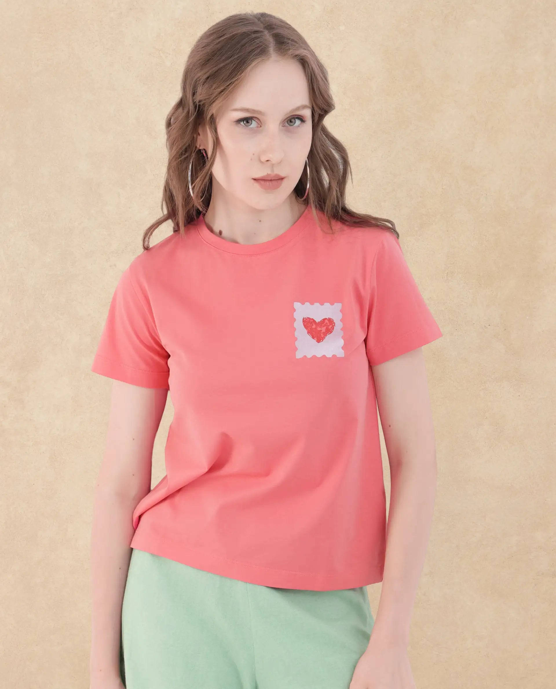 Rareism Women Strudant Peach Cotton Elastane Fabric Crew Neck Knit Solid T-Shirt