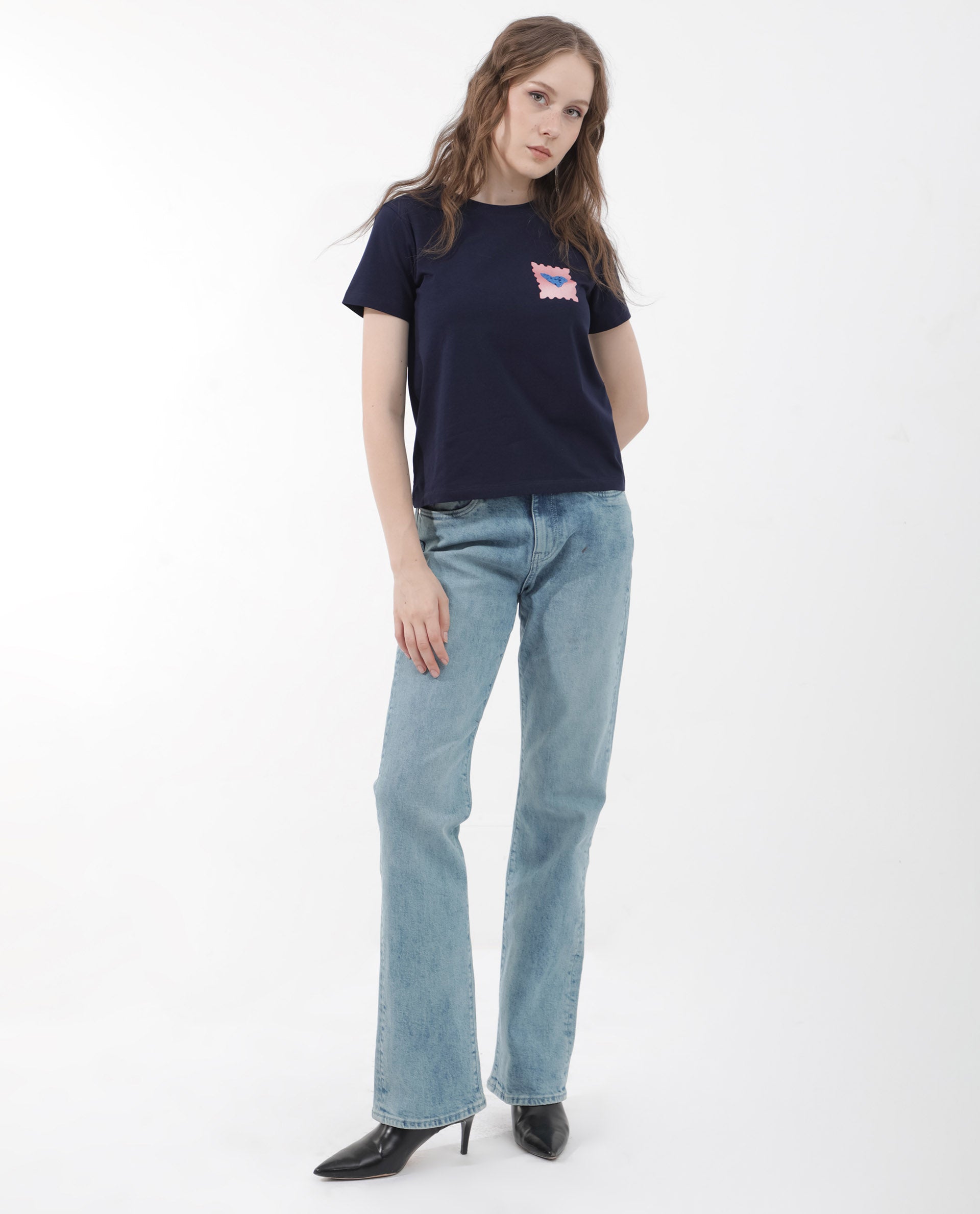 Rareism Women Strudant Dark Navy Cotton Elastane Fabric Crew Neck Knit Solid T-Shirt