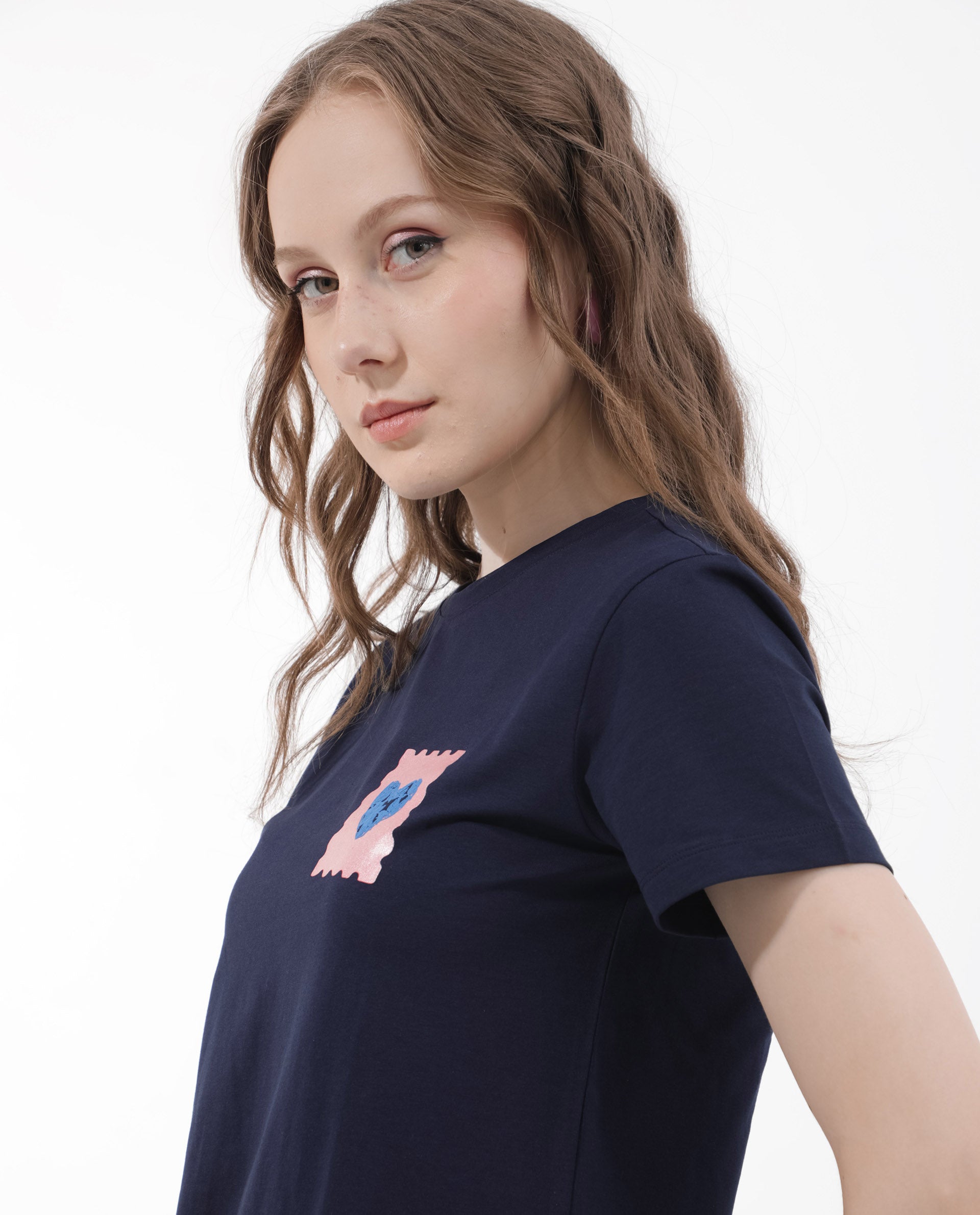 Rareism Women Strudant Dark Navy Cotton Elastane Fabric Crew Neck Knit Solid T-Shirt