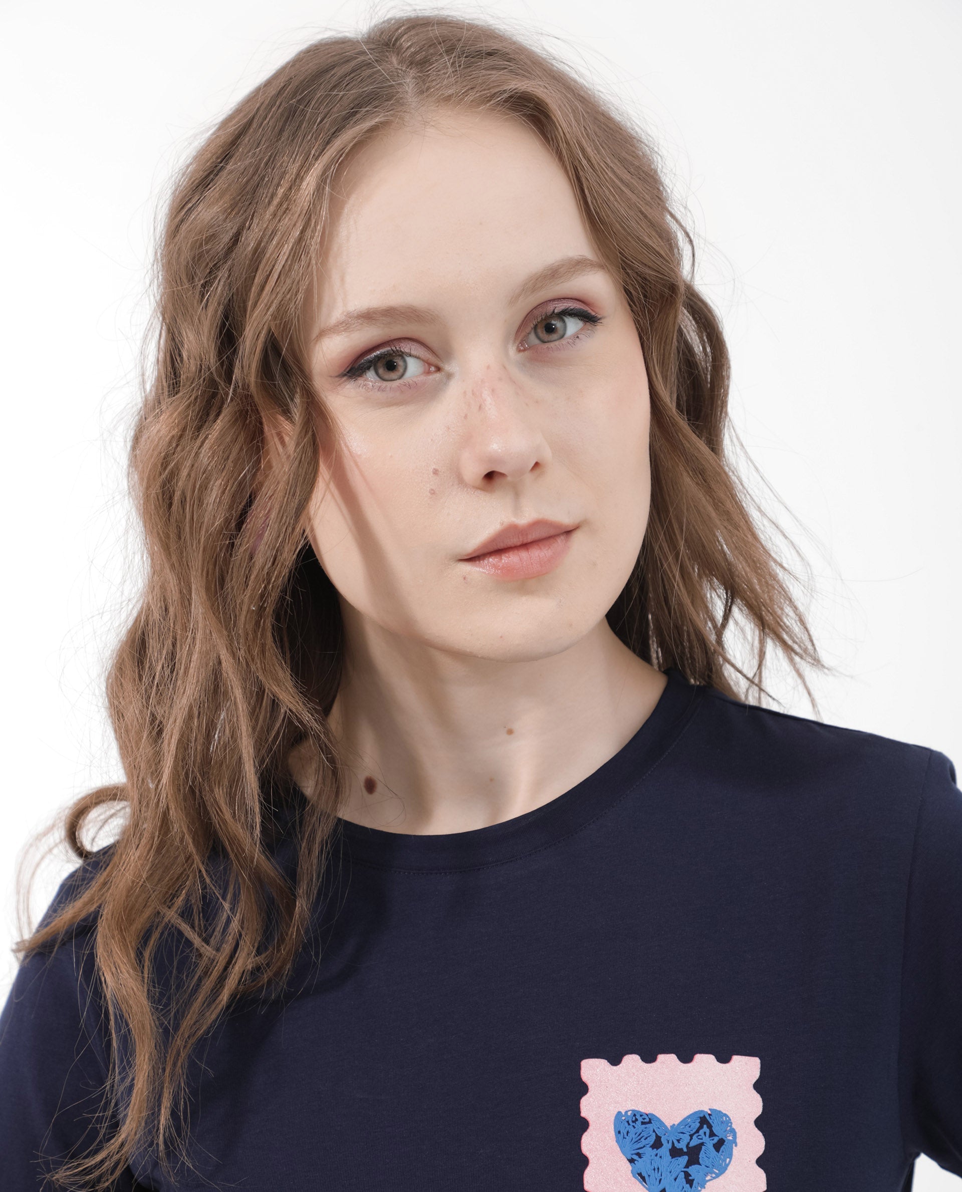 Rareism Women Strudant Dark Navy Cotton Elastane Fabric Crew Neck Knit Solid T-Shirt