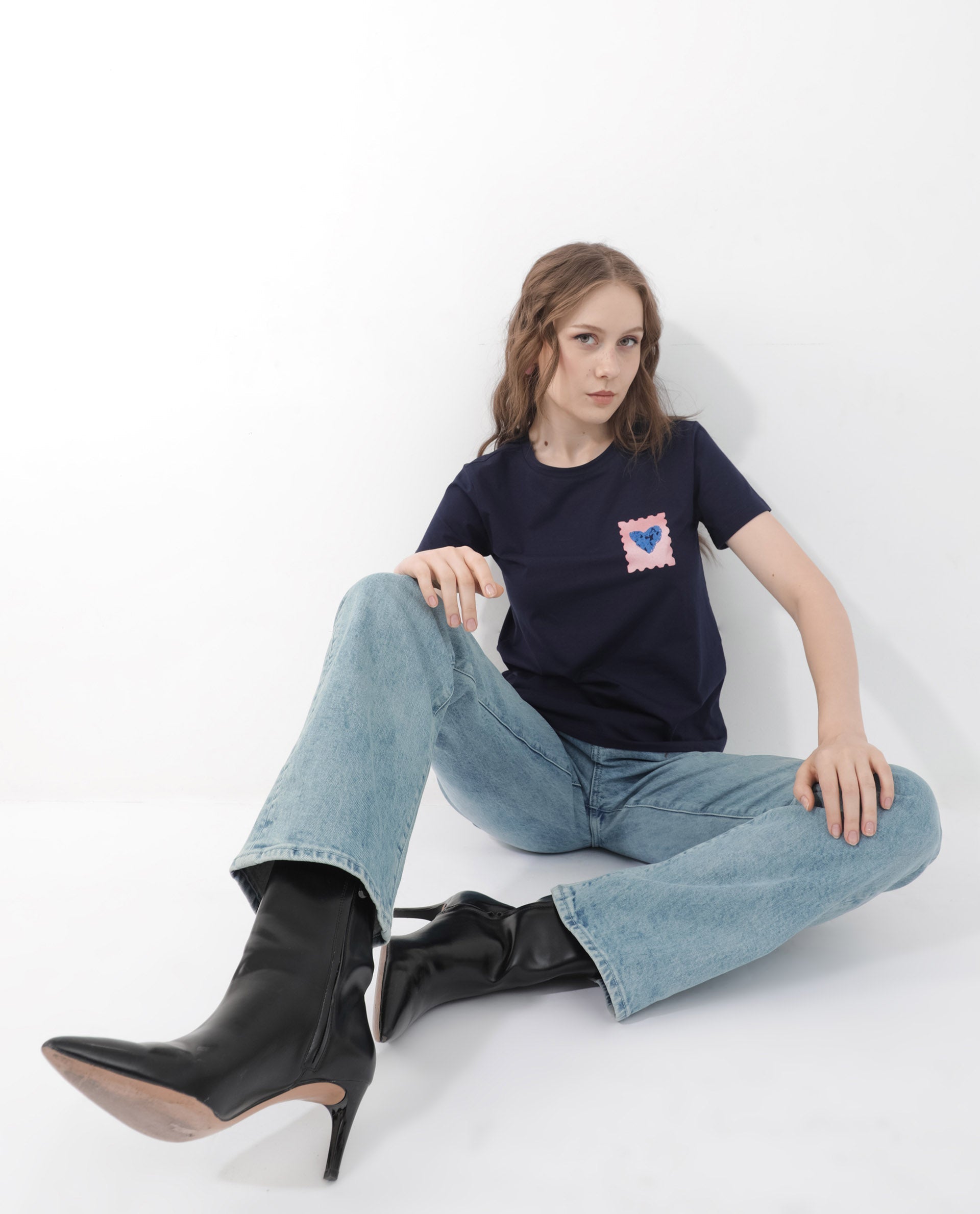 Rareism Women Strudant Dark Navy Cotton Elastane Fabric Crew Neck Knit Solid T-Shirt