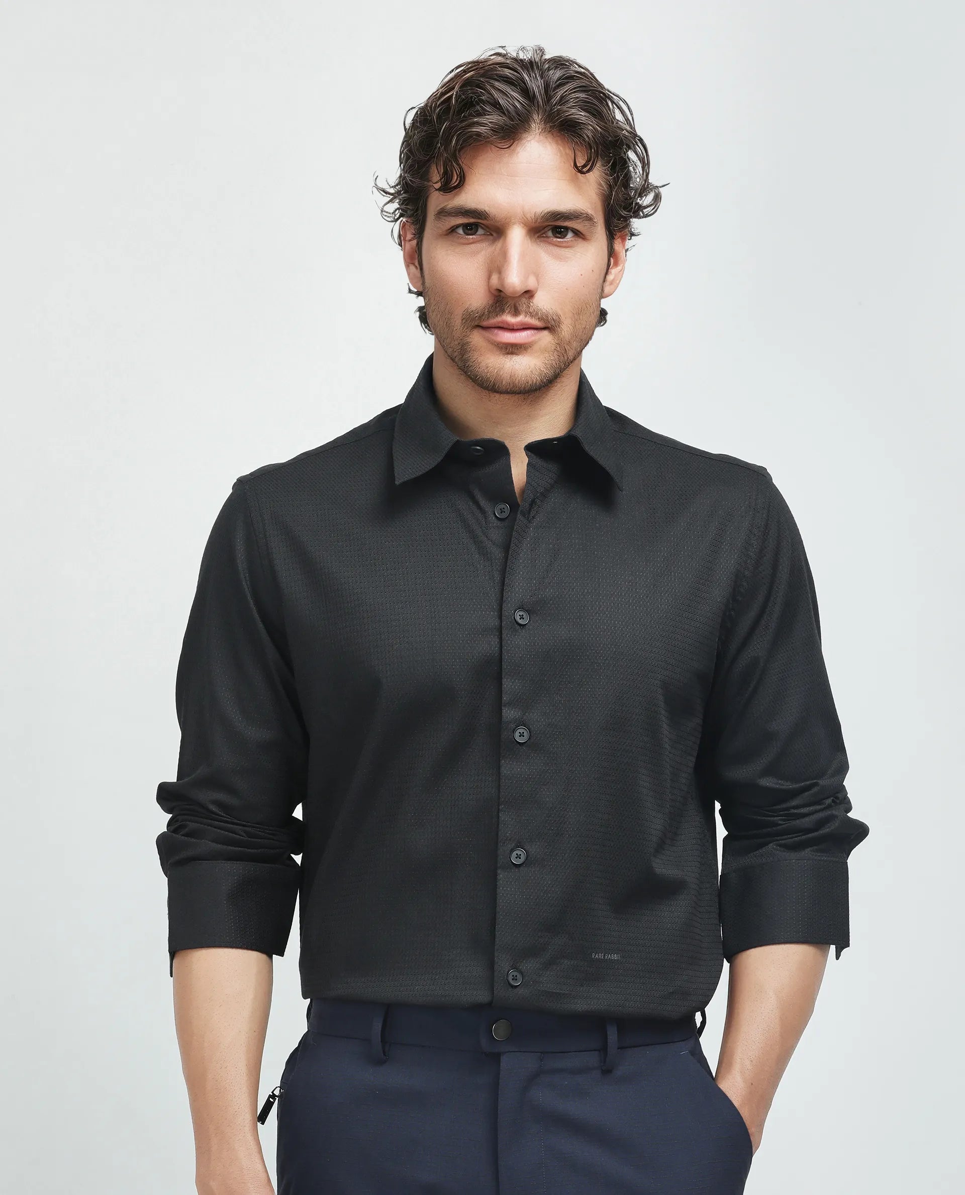 Rare Rabbit Men's Stum Ls Black Cotton Plain Regular Fit Full Sleeve Collared Shirt
