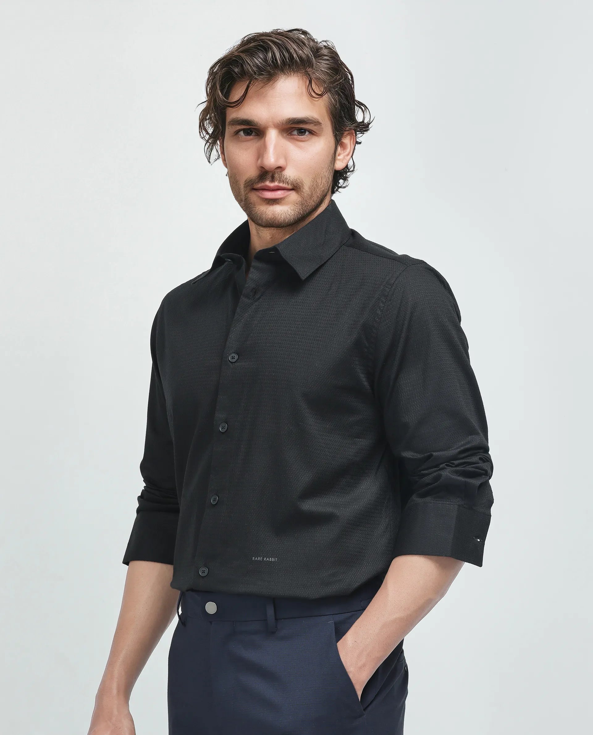 Rare Rabbit Men's Stum Ls Black Cotton Plain Regular Fit Full Sleeve Collared Shirt