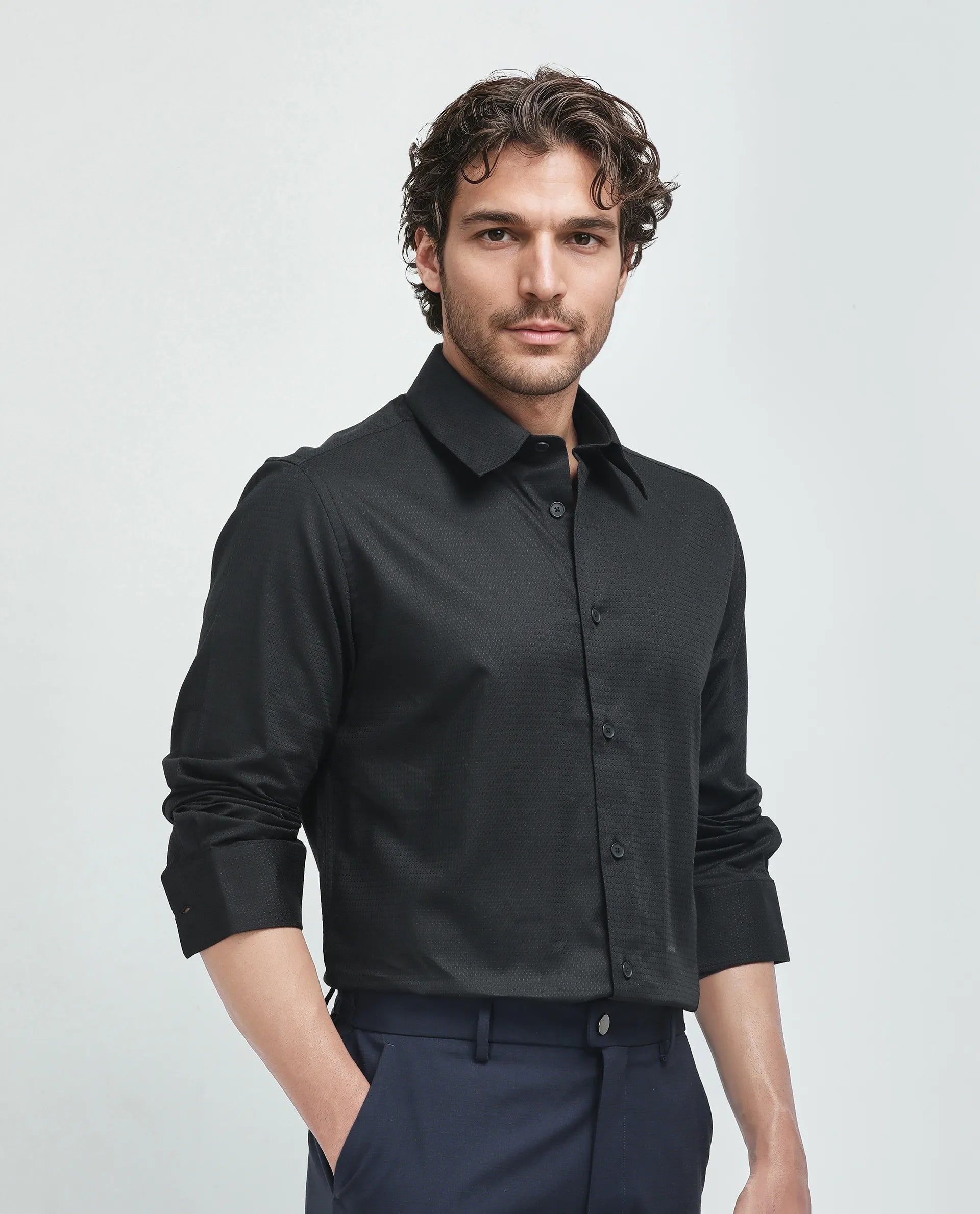 Rare Rabbit Men's Stum Ls Black Cotton Plain Regular Fit Full Sleeve Collared Shirt
