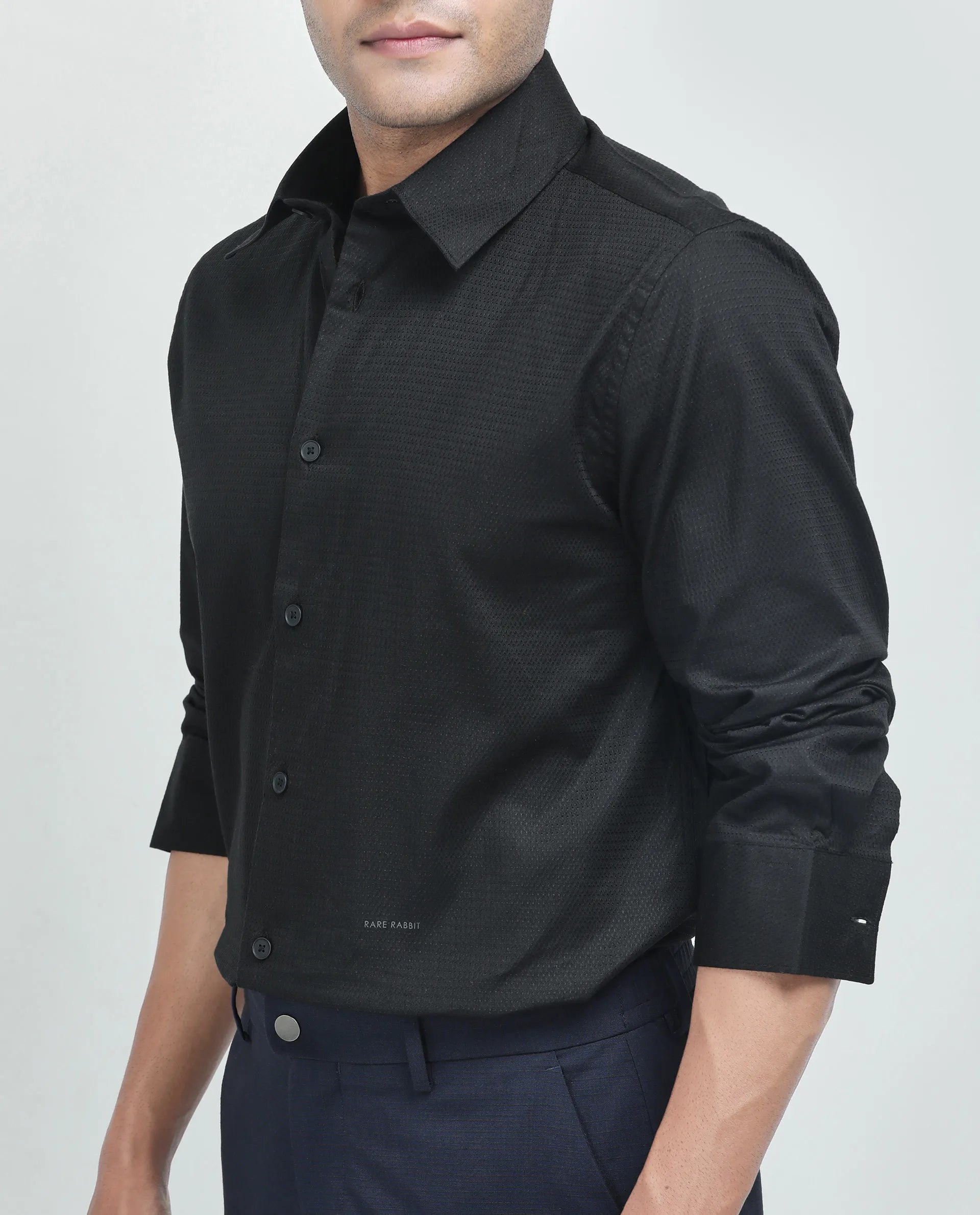 Rare Rabbit Men's Stum Ls Black Cotton Plain Regular Fit Full Sleeve Collared Shirt