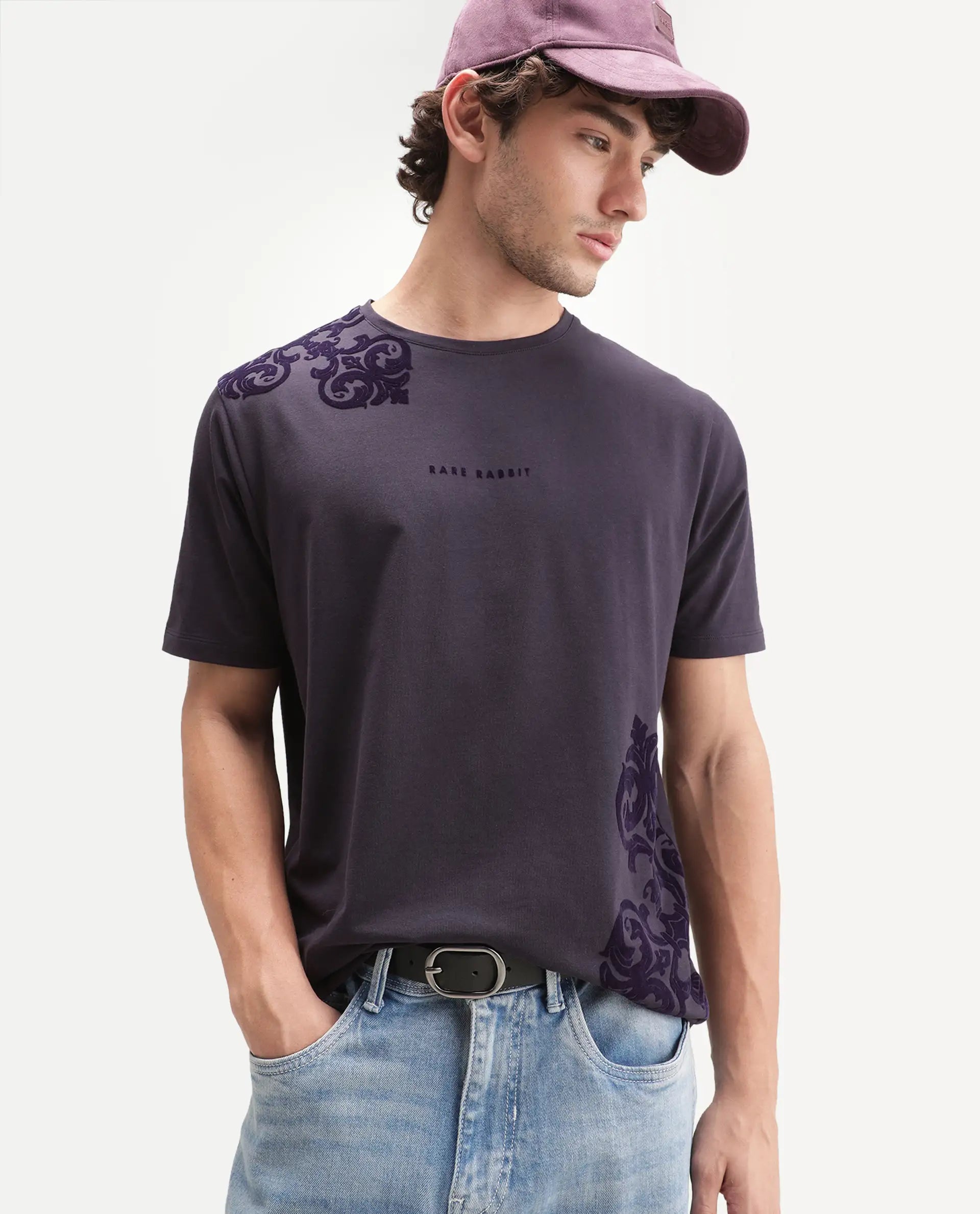 Rare Rabbit Men's Stuart Dark Purple Cotton Blend Crew Neck Regular Graphic Print T-Shirt