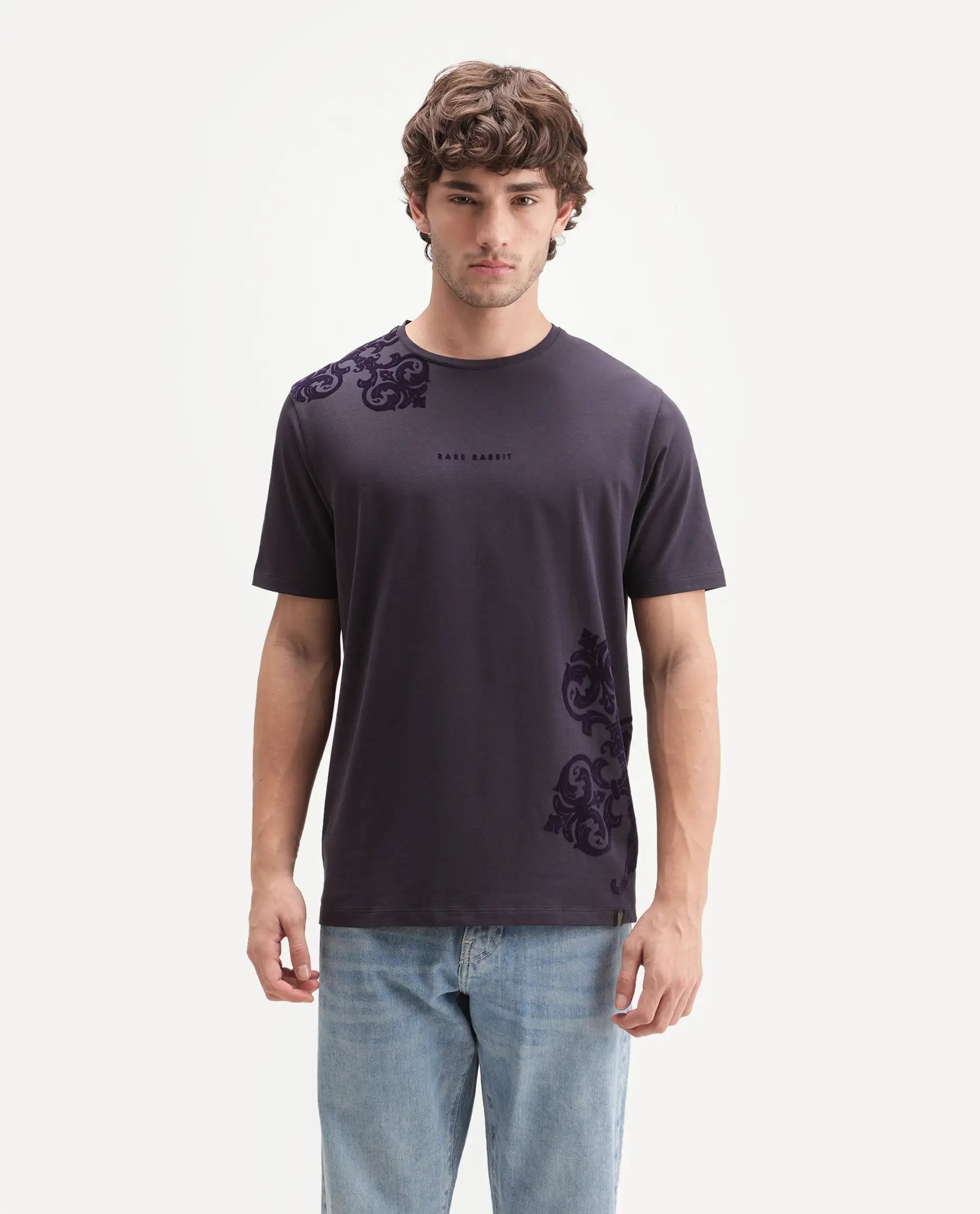 Rare Rabbit Men's Stuart Dark Purple Cotton Blend Crew Neck Regular Graphic Print T-Shirt