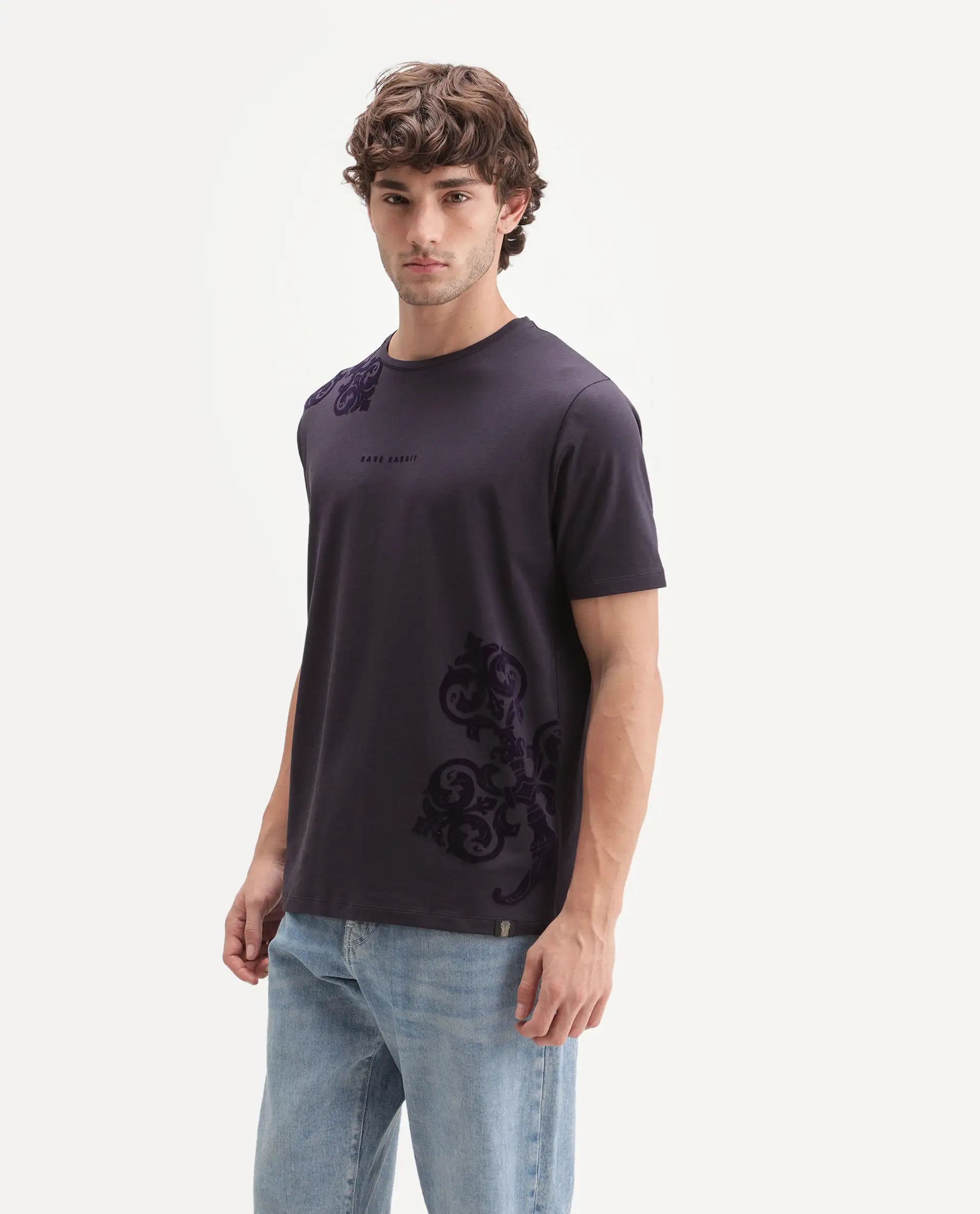 Rare Rabbit Men's Stuart Dark Purple Cotton Blend Crew Neck Regular Graphic Print T-Shirt