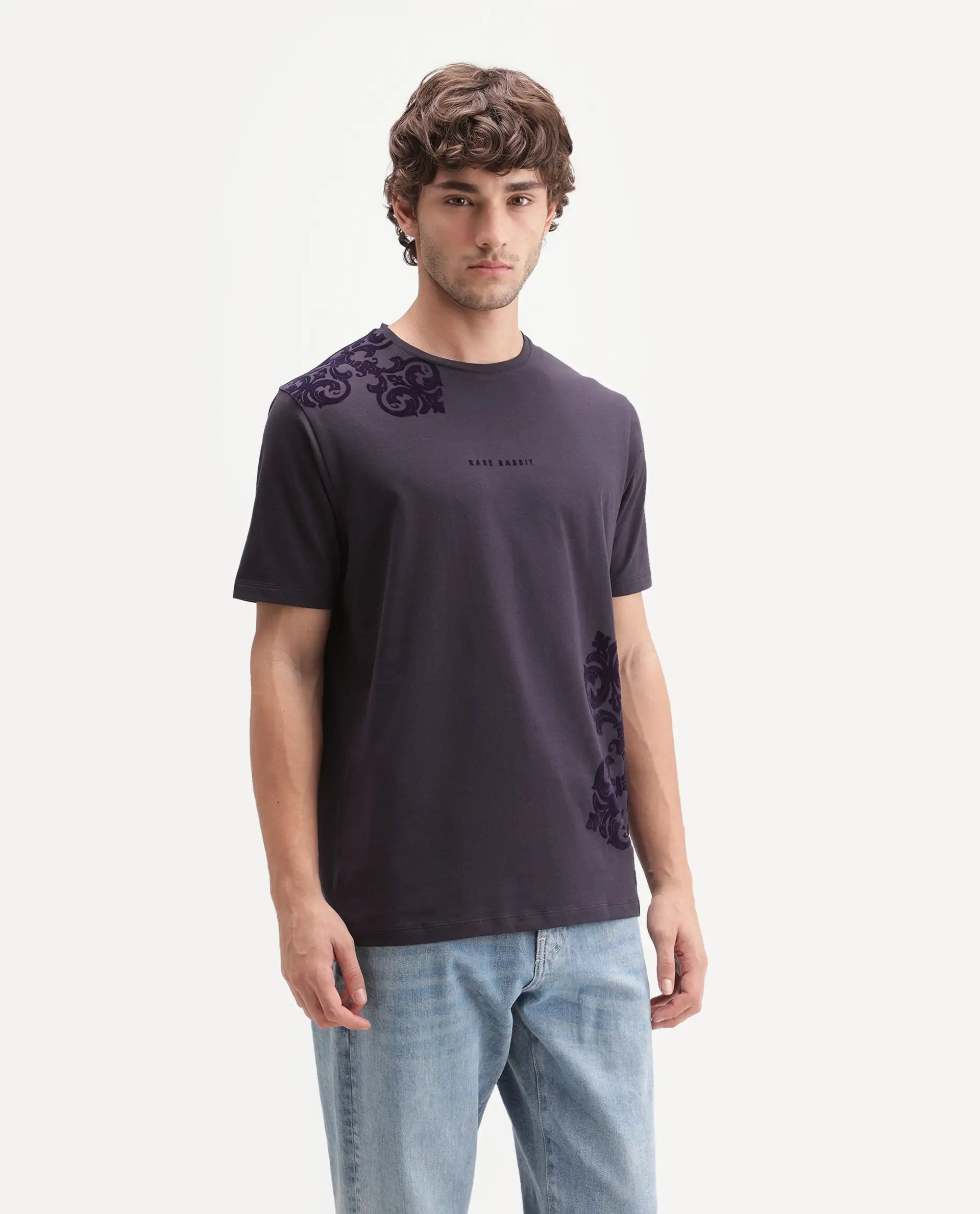 Rare Rabbit Men's Stuart Dark Purple Cotton Blend Crew Neck Regular Graphic Print T-Shirt