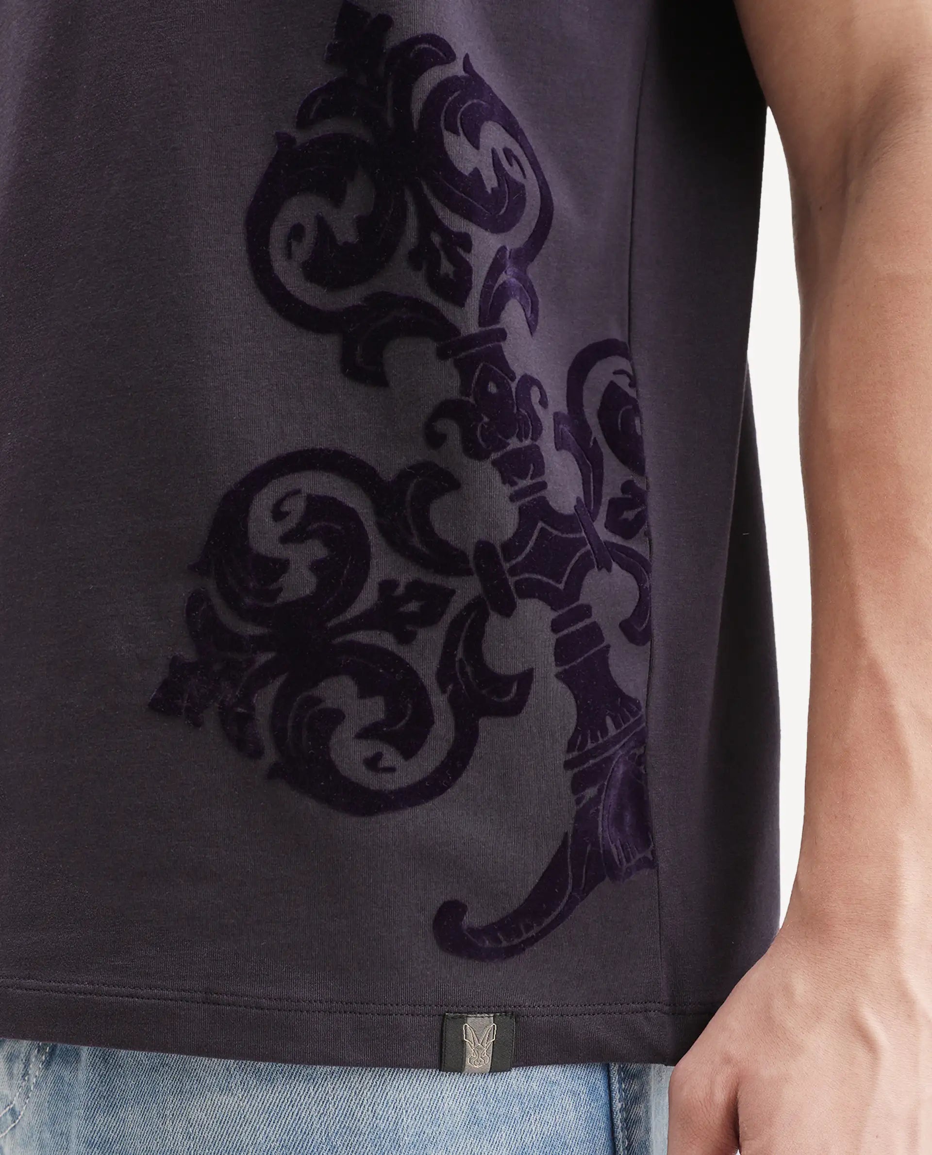 Rare Rabbit Men's Stuart Dark Purple Cotton Blend Crew Neck Regular Graphic Print T-Shirt