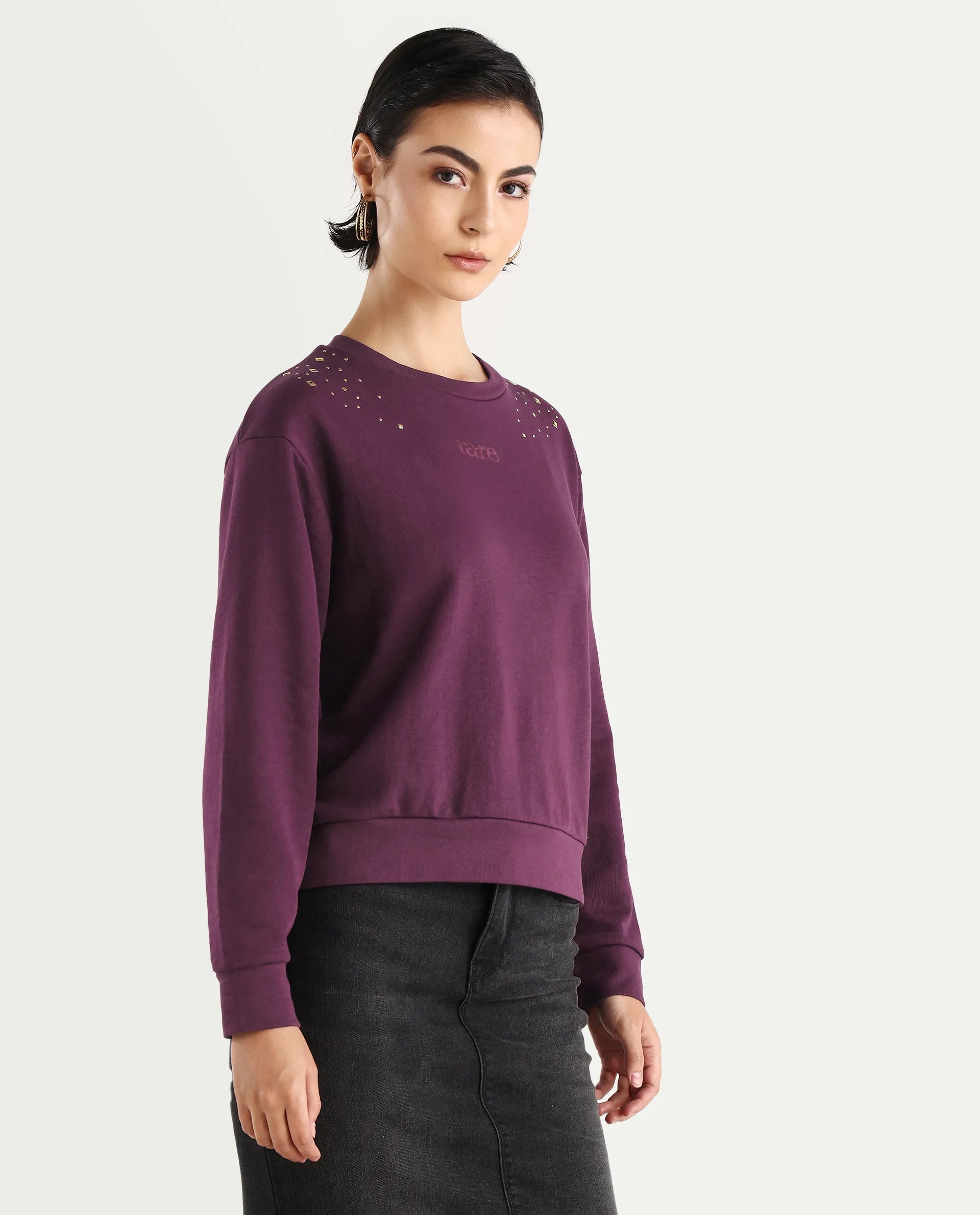Rareism Women's Studo Dark Purple Cotton Blend Crew Neck Plain Relaxed Fit Sweatshirt