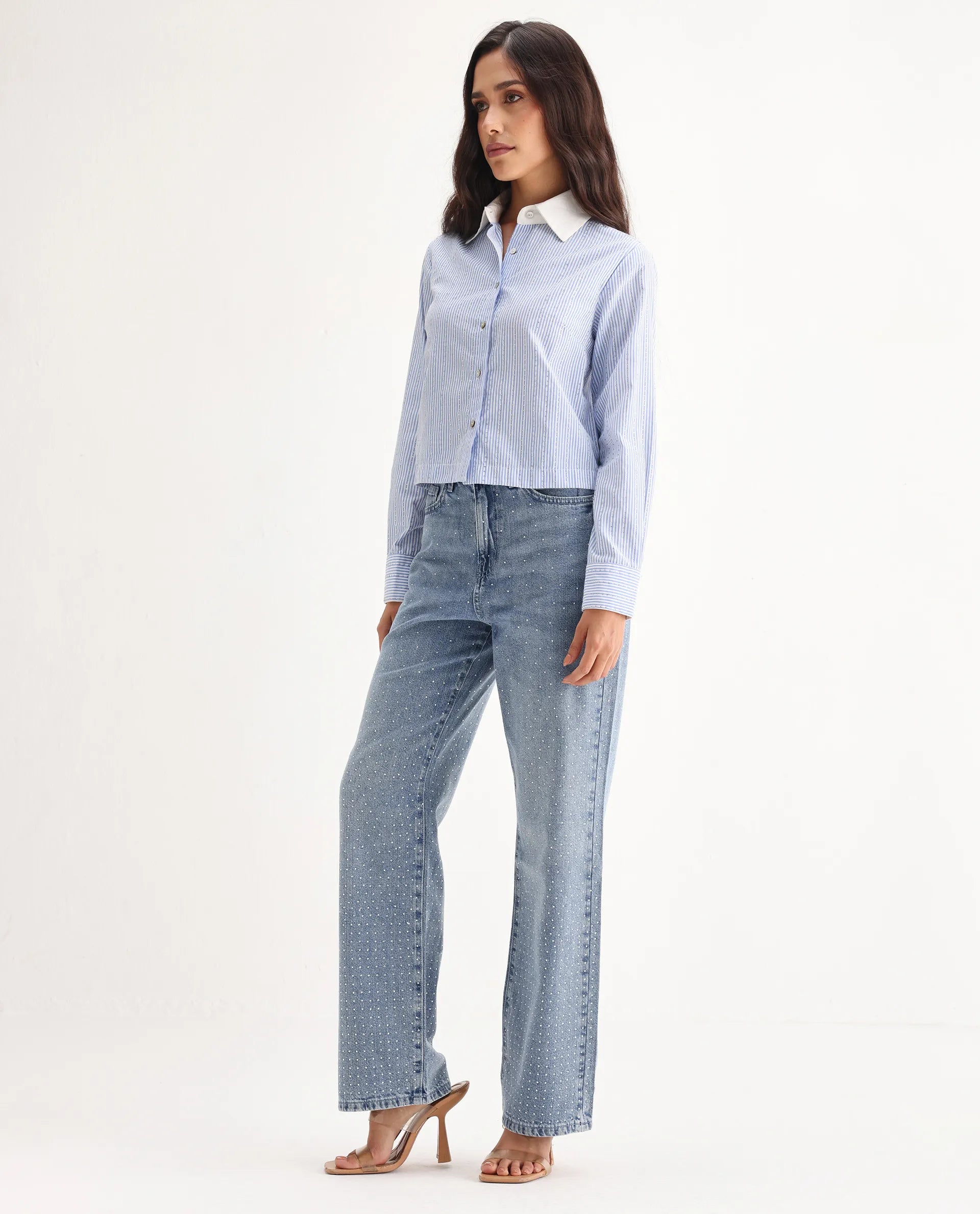 Rareism Women's Study Blue Cotton Blend Plain Ankle Length Smart Straight Fit Jeans