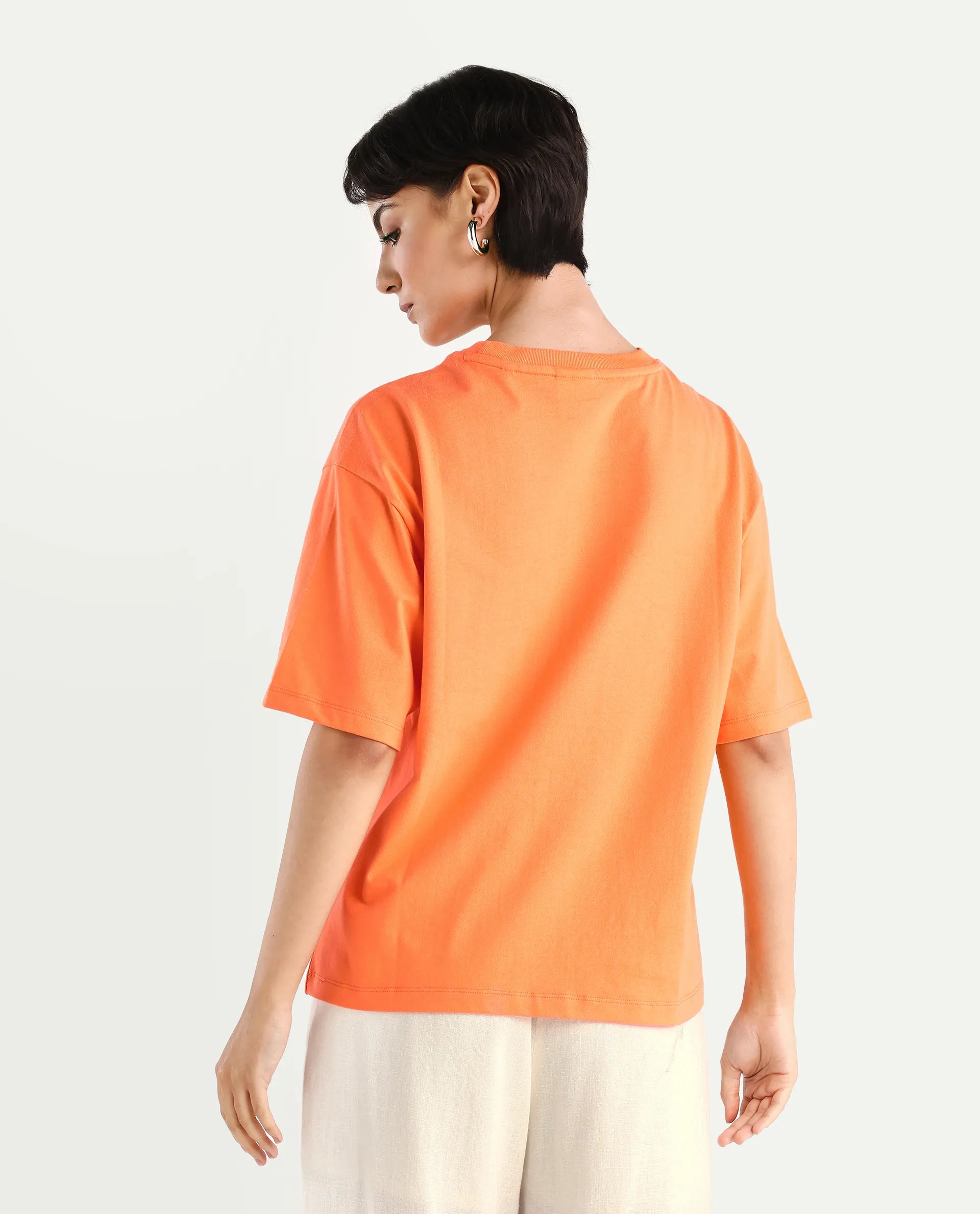 Rareism Women's Stunt Orange Cotton Crew Neck Graphic Print Oversized T-Shirt