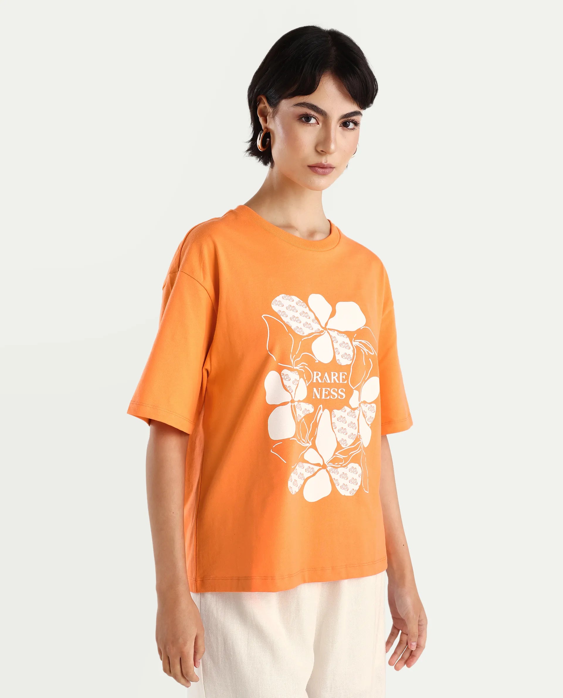 Rareism Women's Stunt Orange Cotton Crew Neck Graphic Print Oversized T-Shirt