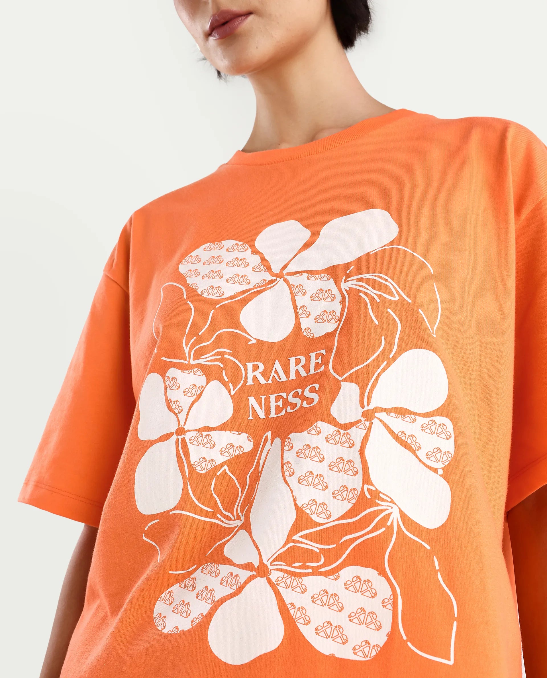 Rareism Women's Stunt Orange Cotton Crew Neck Graphic Print Oversized T-Shirt