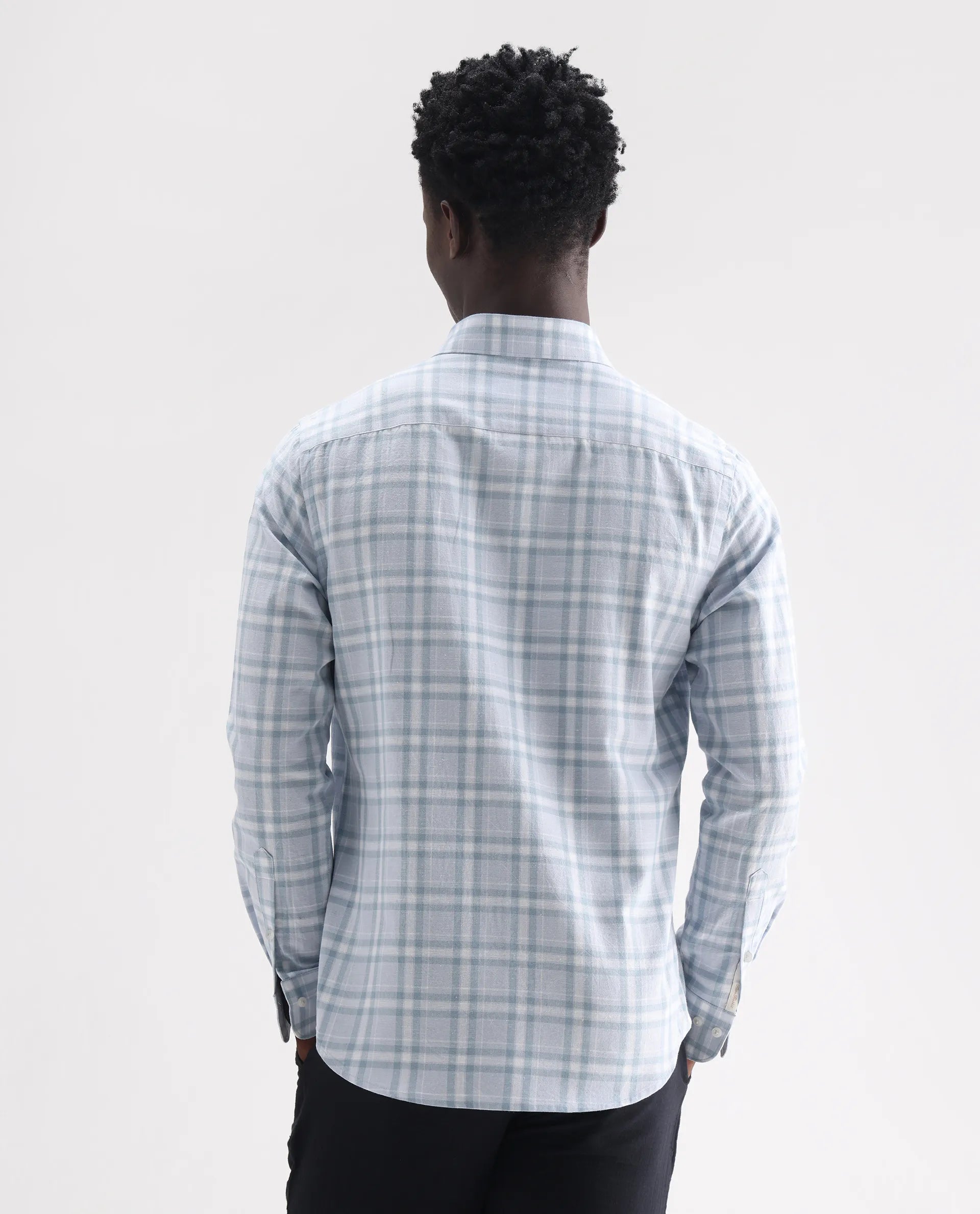 Rare Rabbit Men's Stur Blue 100% Linen Checked Print Regular Fit Full Sleeve Collared Shirt