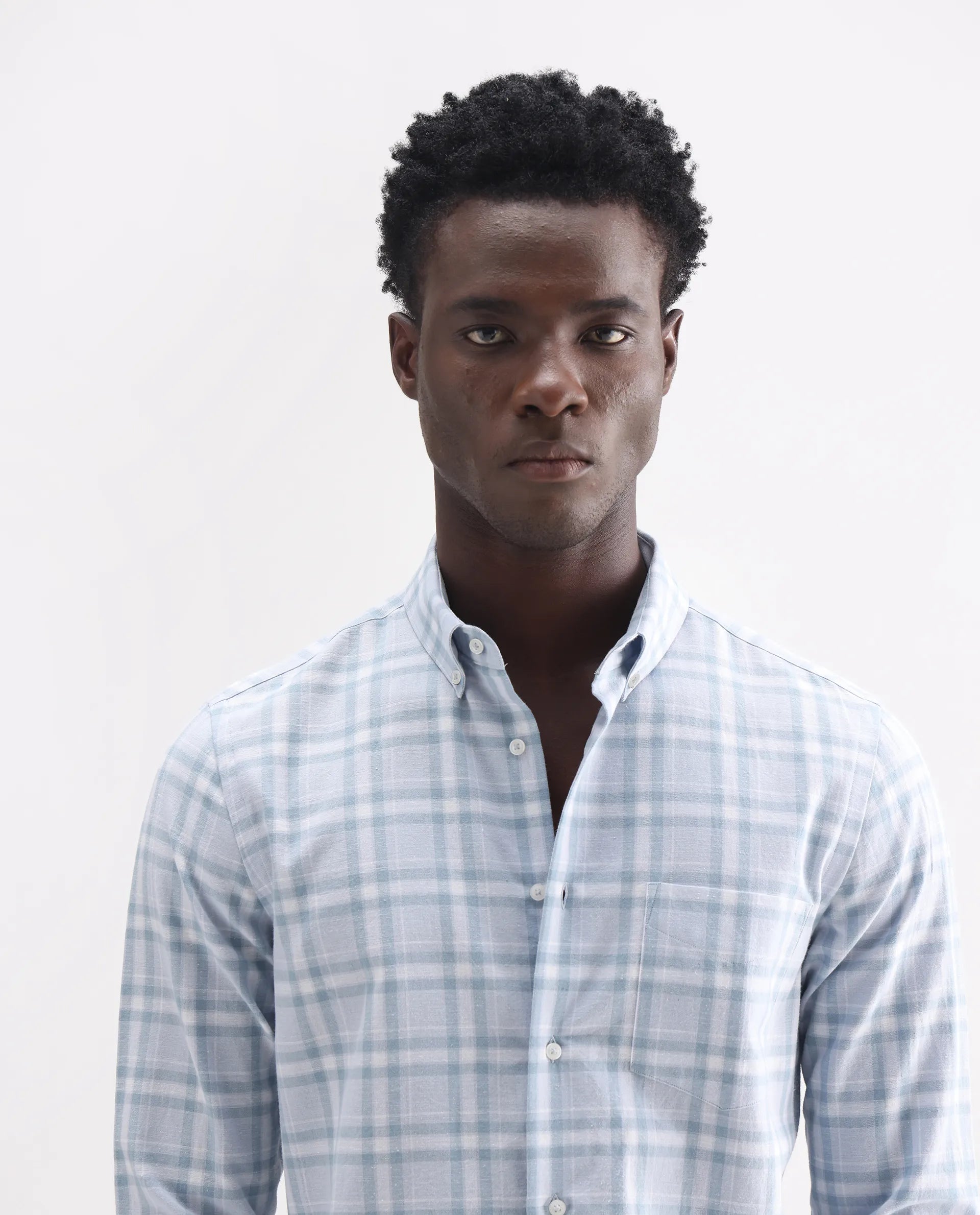 Rare Rabbit Men's Stur Blue 100% Linen Checked Print Regular Fit Full Sleeve Collared Shirt