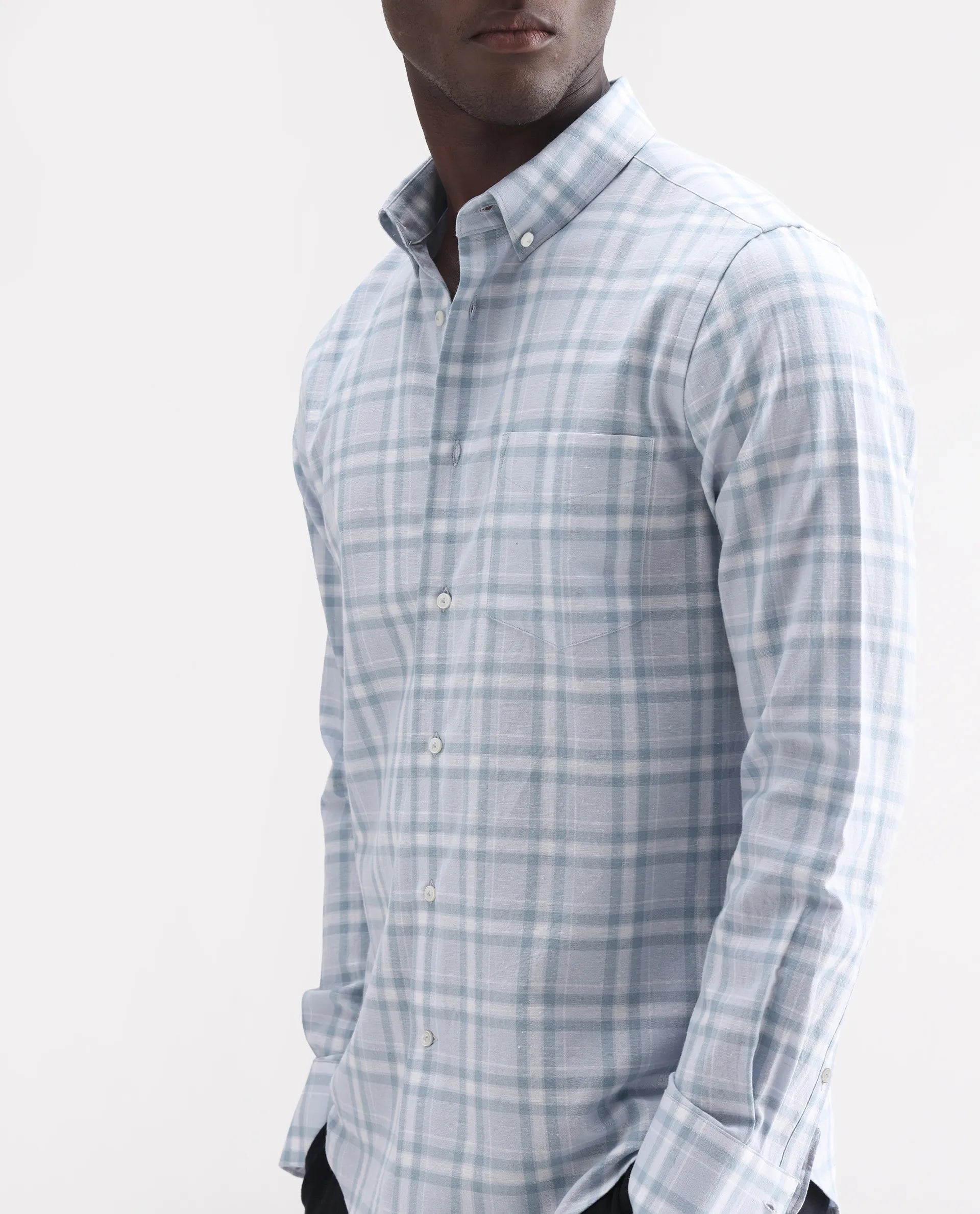 Rare Rabbit Men's Stur Blue 100% Linen Checked Print Regular Fit Full Sleeve Collared Shirt