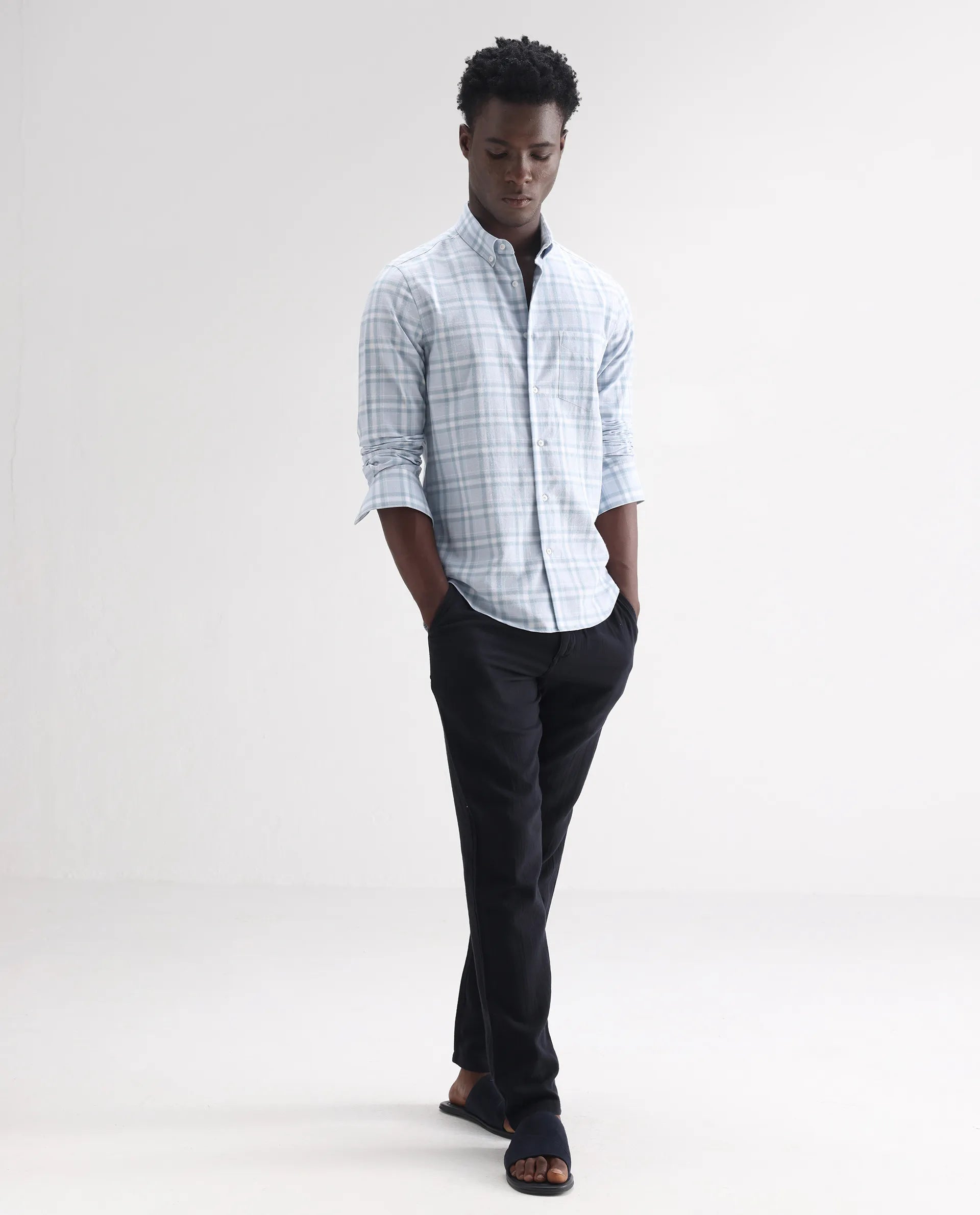 Rare Rabbit Men's Stur Blue 100% Linen Checked Print Regular Fit Full Sleeve Collared Shirt